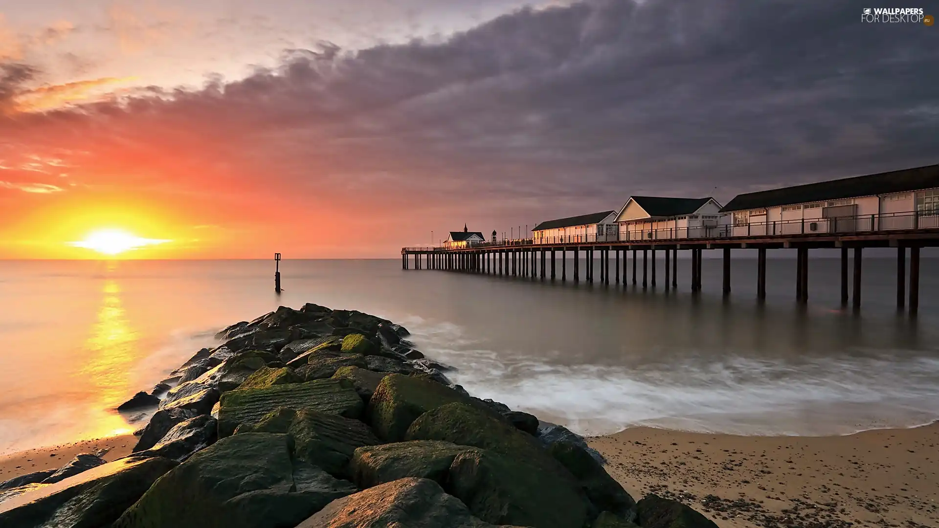 sea, west, Houses, pier, Beaches, sun