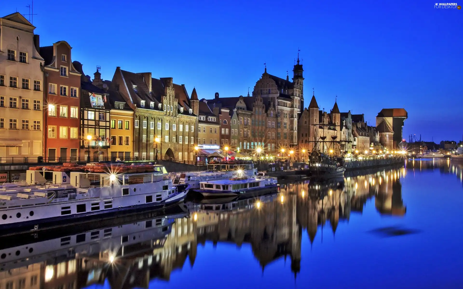 houses, antique, Panorama of Gdansk, crane, nigh, motlawa, River, vessels