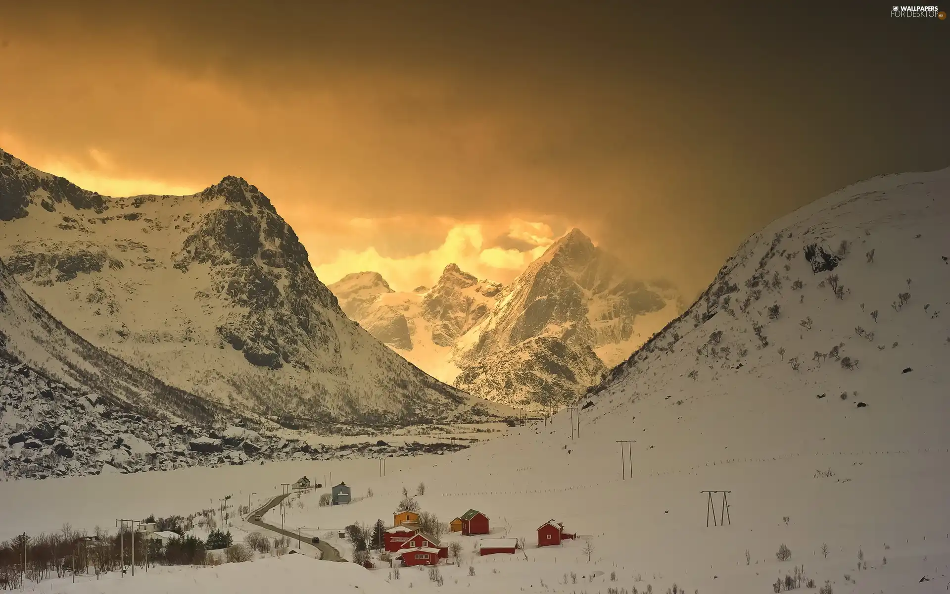 Houses, snow, west, sun, Mountains