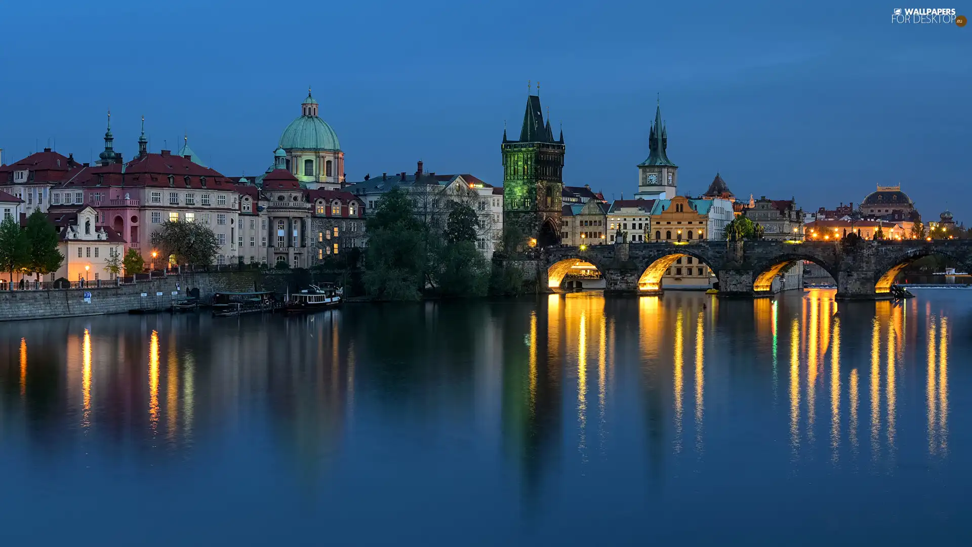 Houses, Czech Republic, Charles Bridge, evening, Vltava River, Prague