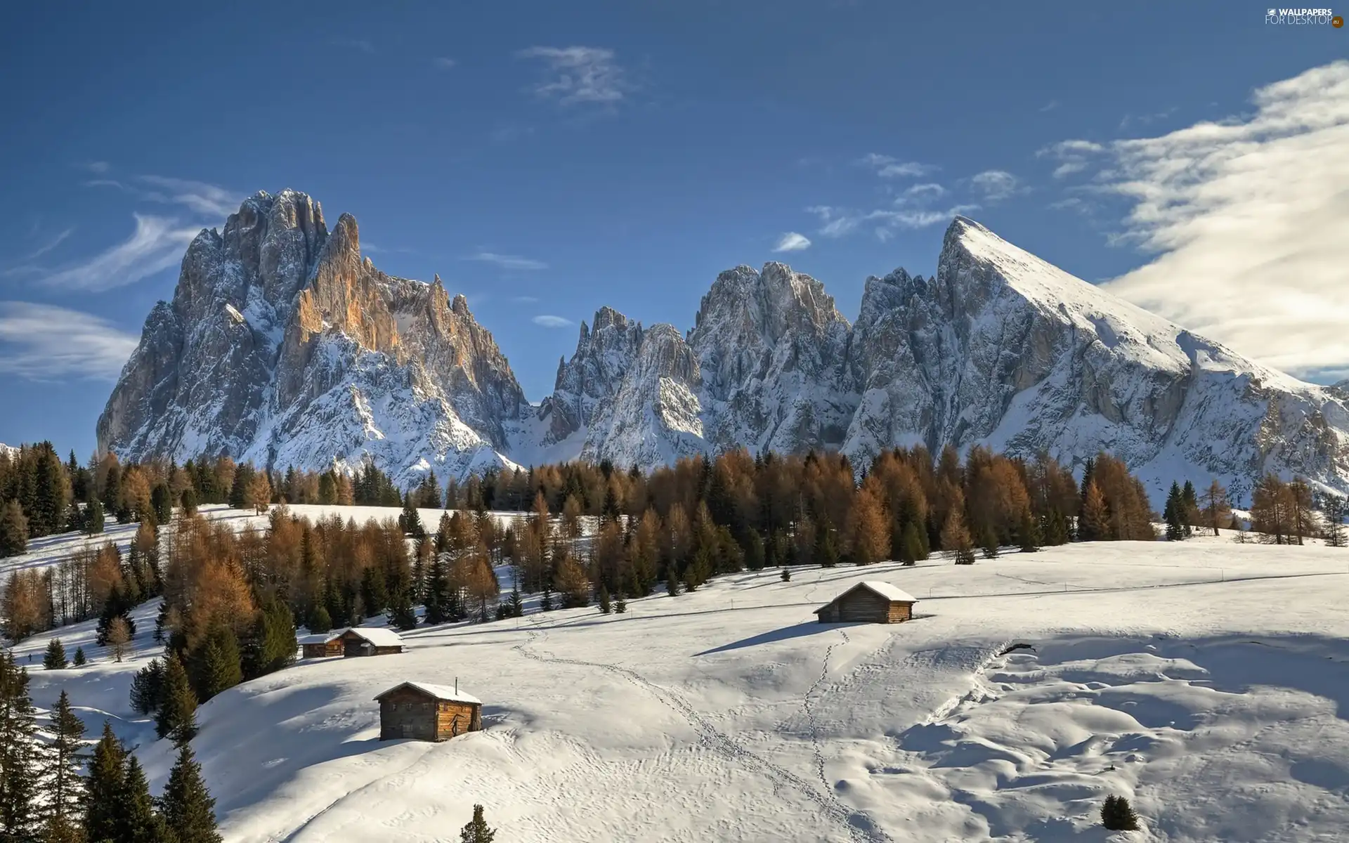 Houses, winter, trees, viewes, Mountains