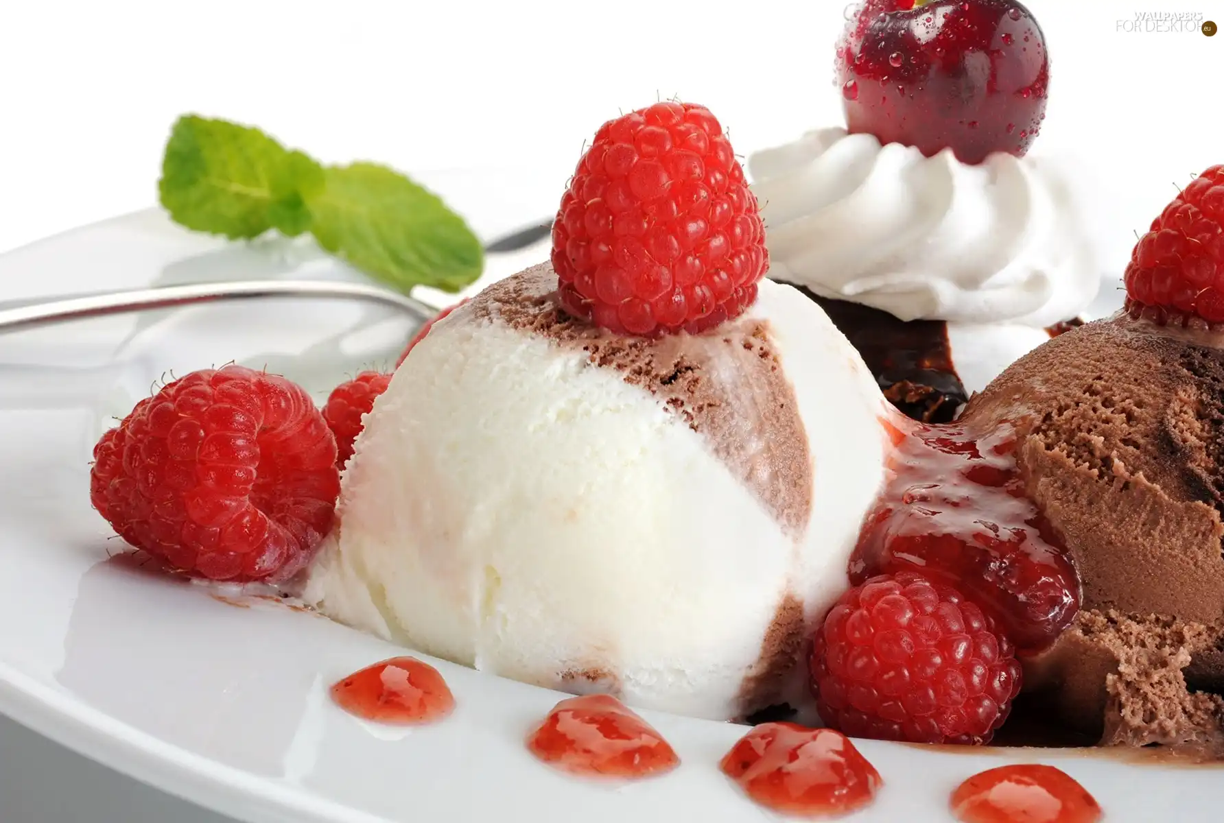 raspberries, dessert, ice cream