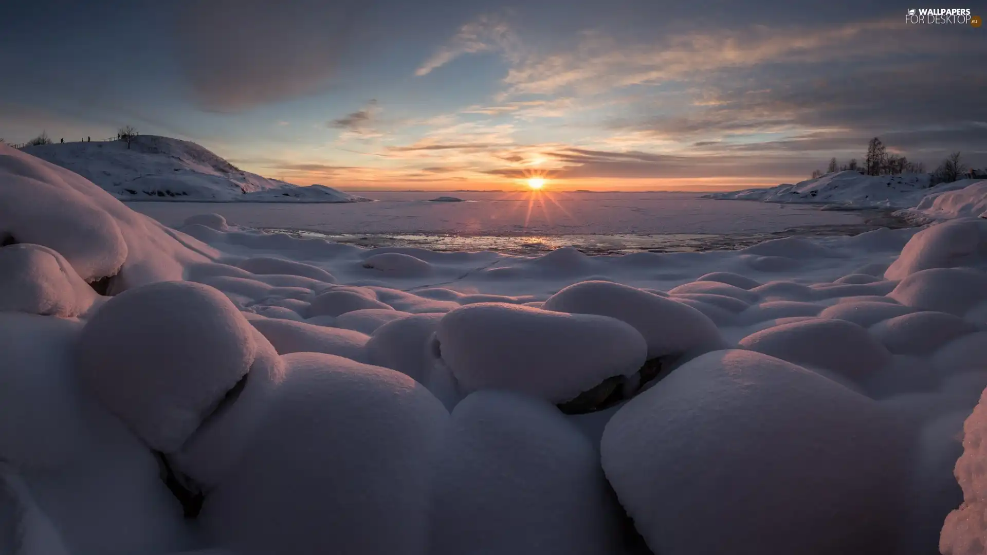 Icecream, winter, Stones, Great Sunsets, lake, snow