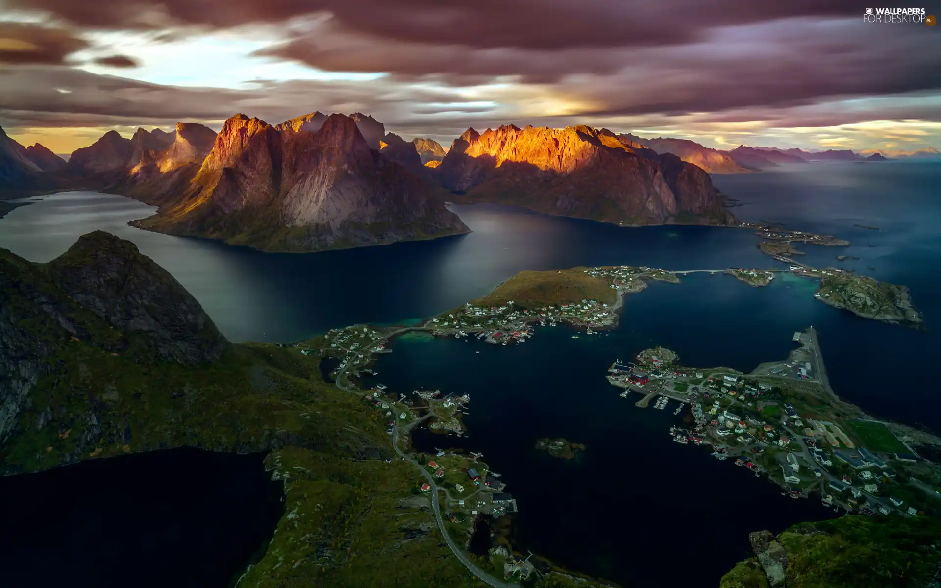 illuminated, peaks, Villages, Mountains, Houses, Lofoten, Norway, North Sea
