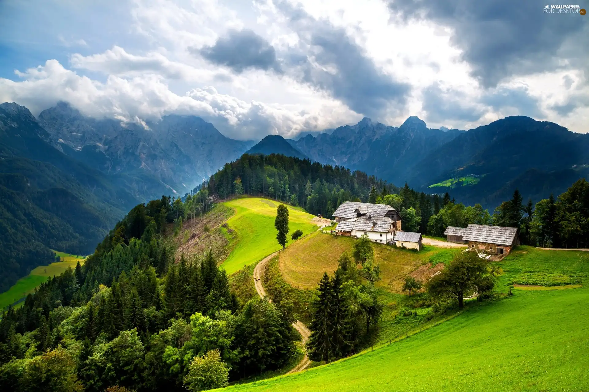 car in the meadow, Houses, Mountains, woods, clouds