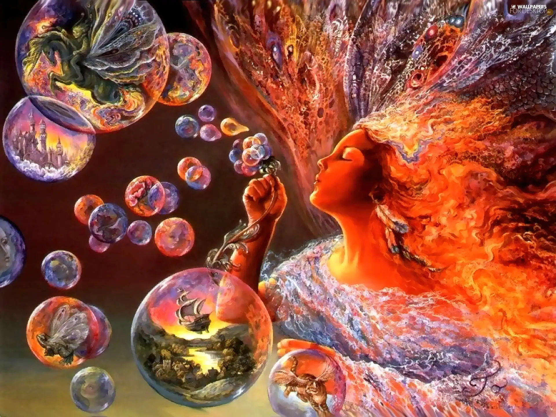 interesting eyes, Josephine Wall, Fire, Hair, Women