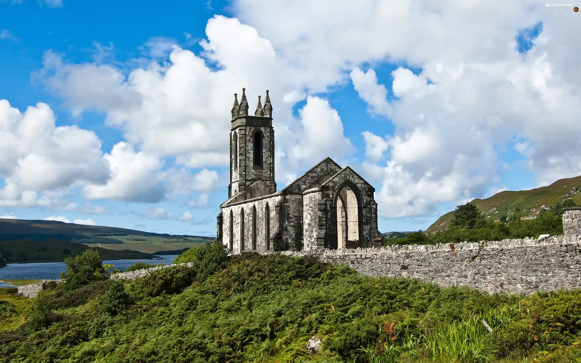 Church, clouds, Ireland, White
