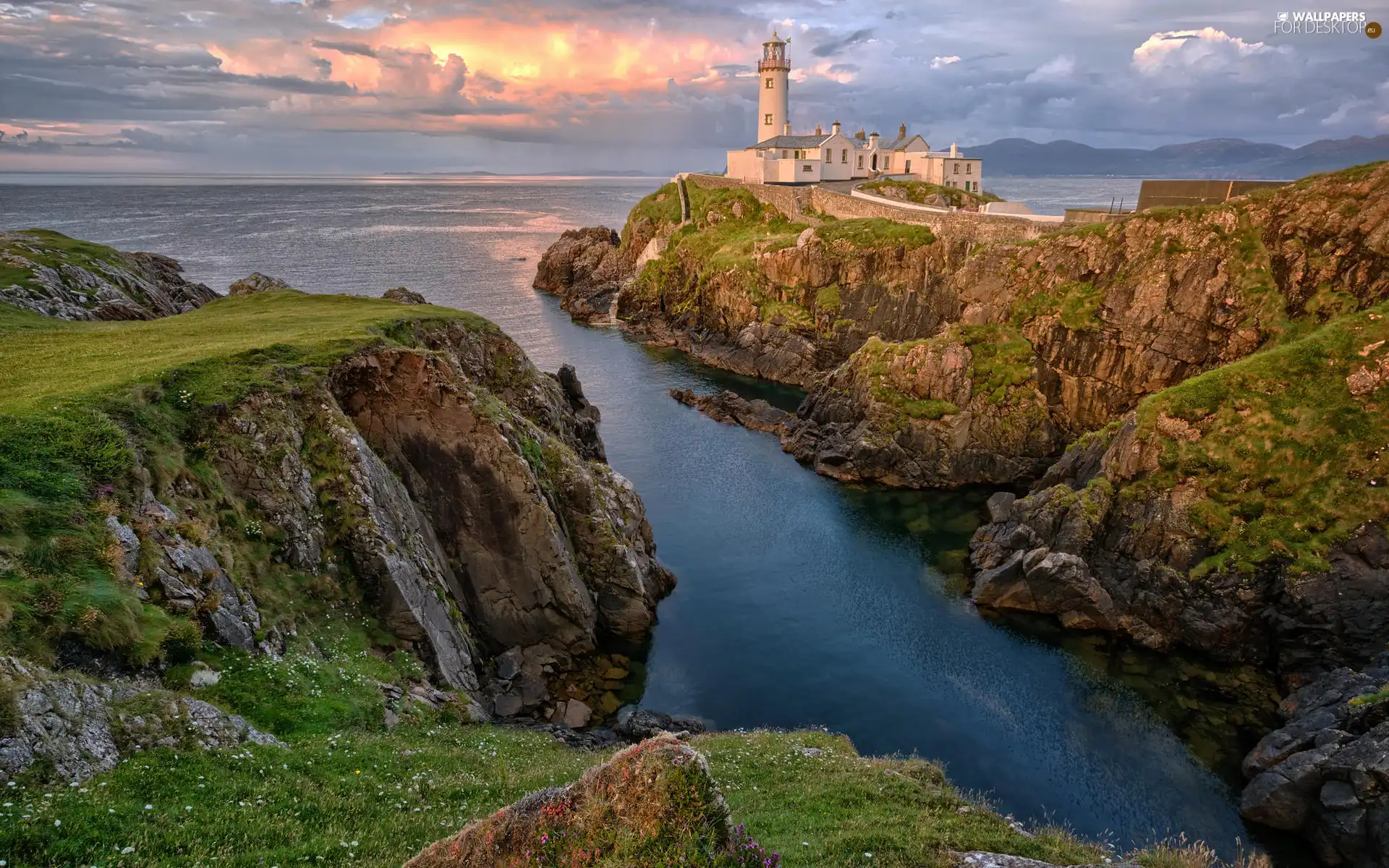rocks, clouds, Ireland, Great Sunsets, County Donegal, Fanad Head Lighthouse, Lighthouses, Portsalon