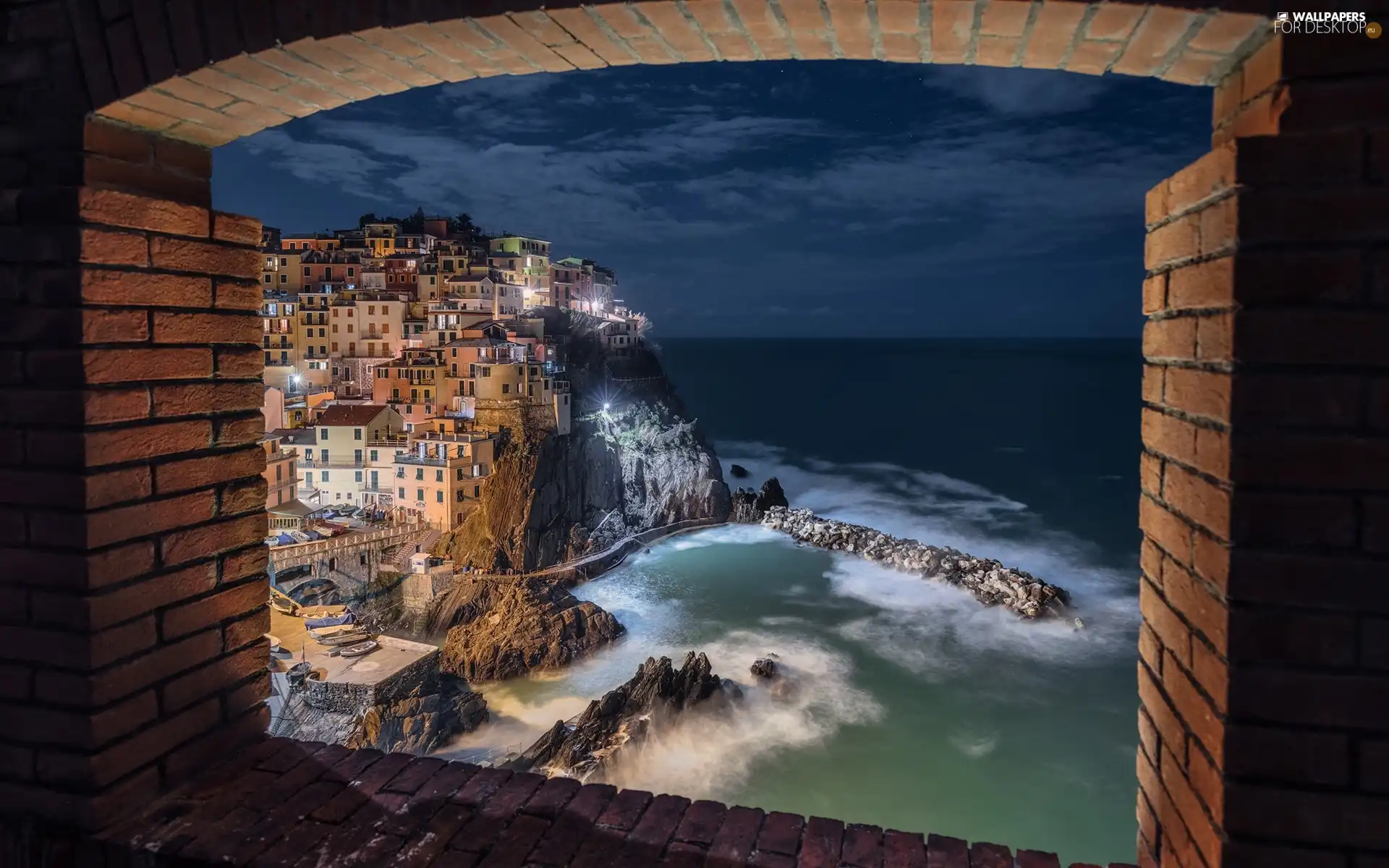 Window, sea, Houses, Italy, Manarola, Night