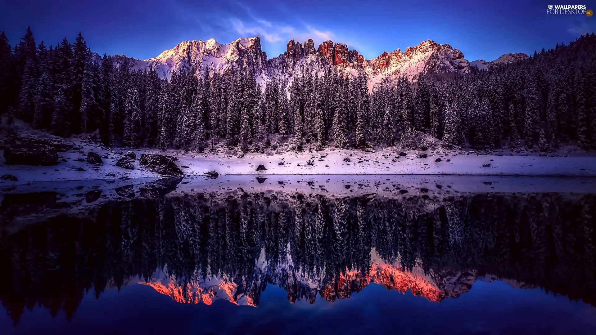 Province of Bolzano, Italy, Karersee Lake, Dolomites Mountains, reflection, snow, viewes, forest, trees