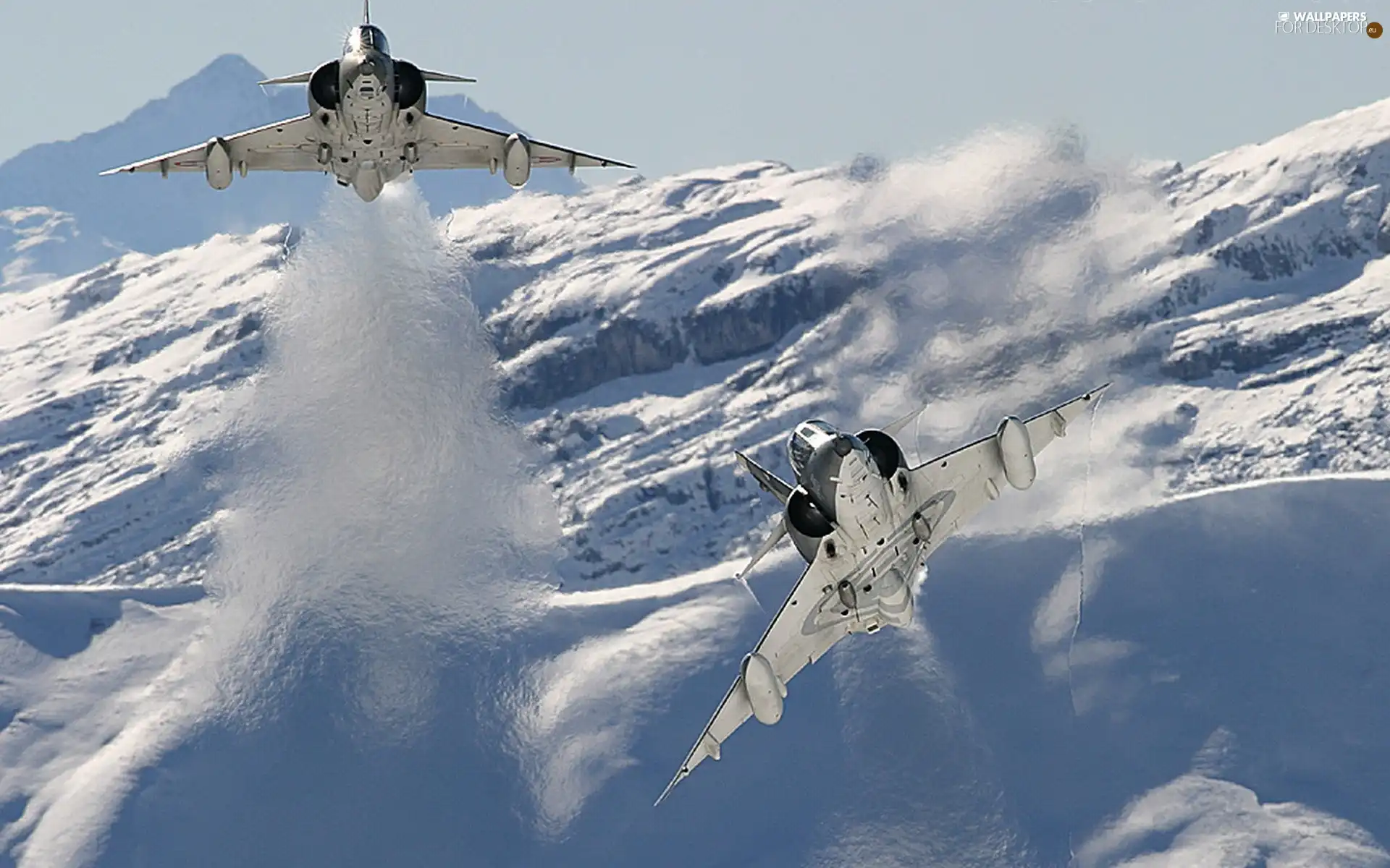 winter, Two cars, jets, Mountains