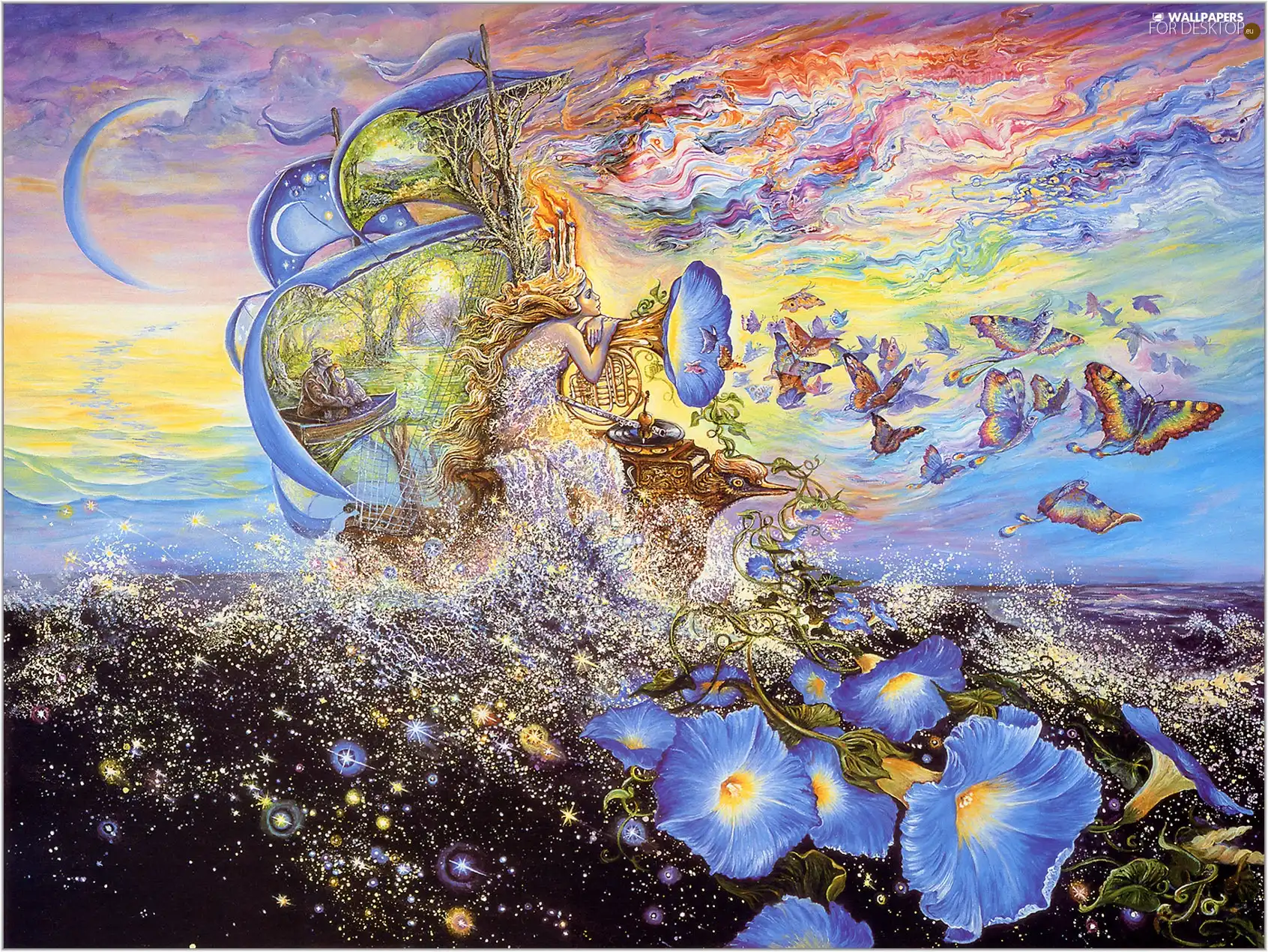 Women, butterflies, Josephine Wall, gramophone