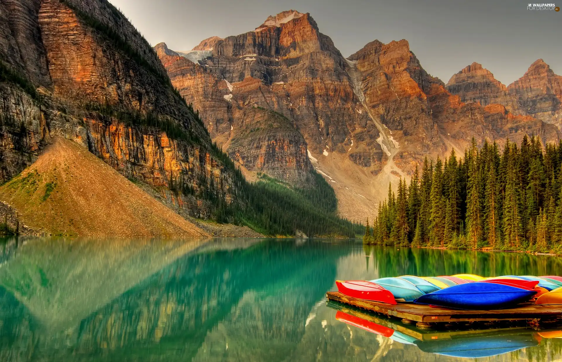 Kayaks, Mountains, forest, River, rocks