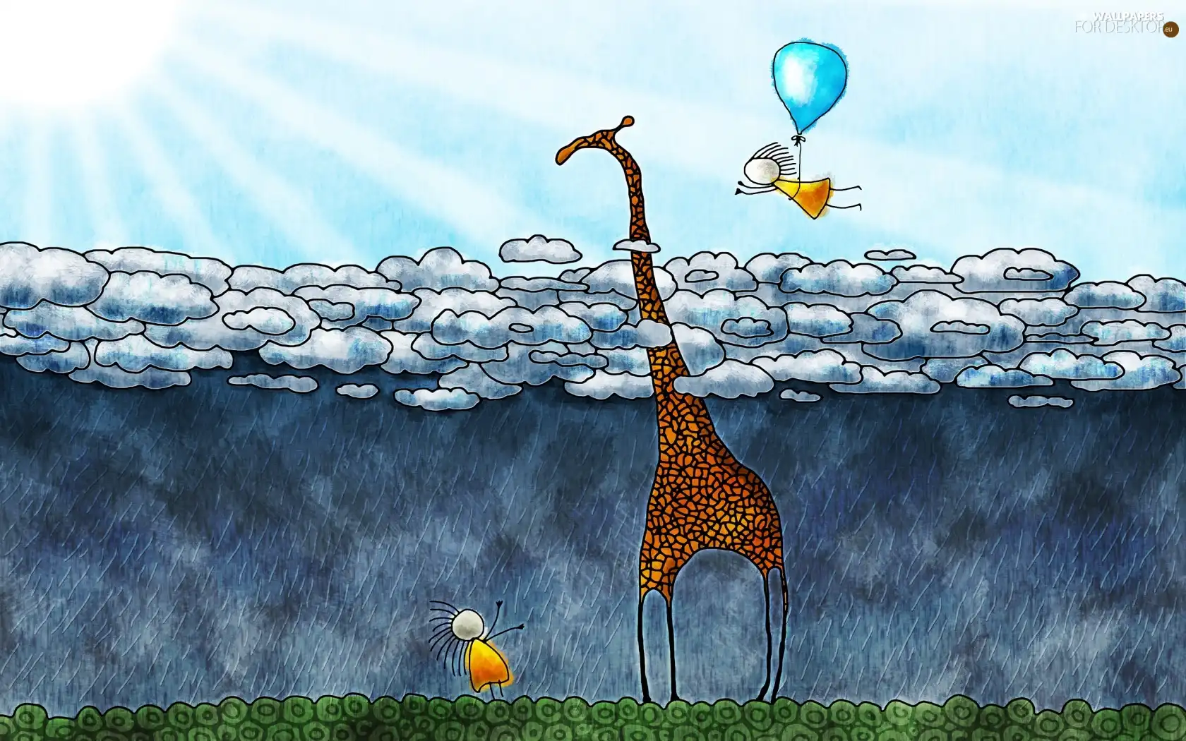 giraffe, clouds, Kids, more than