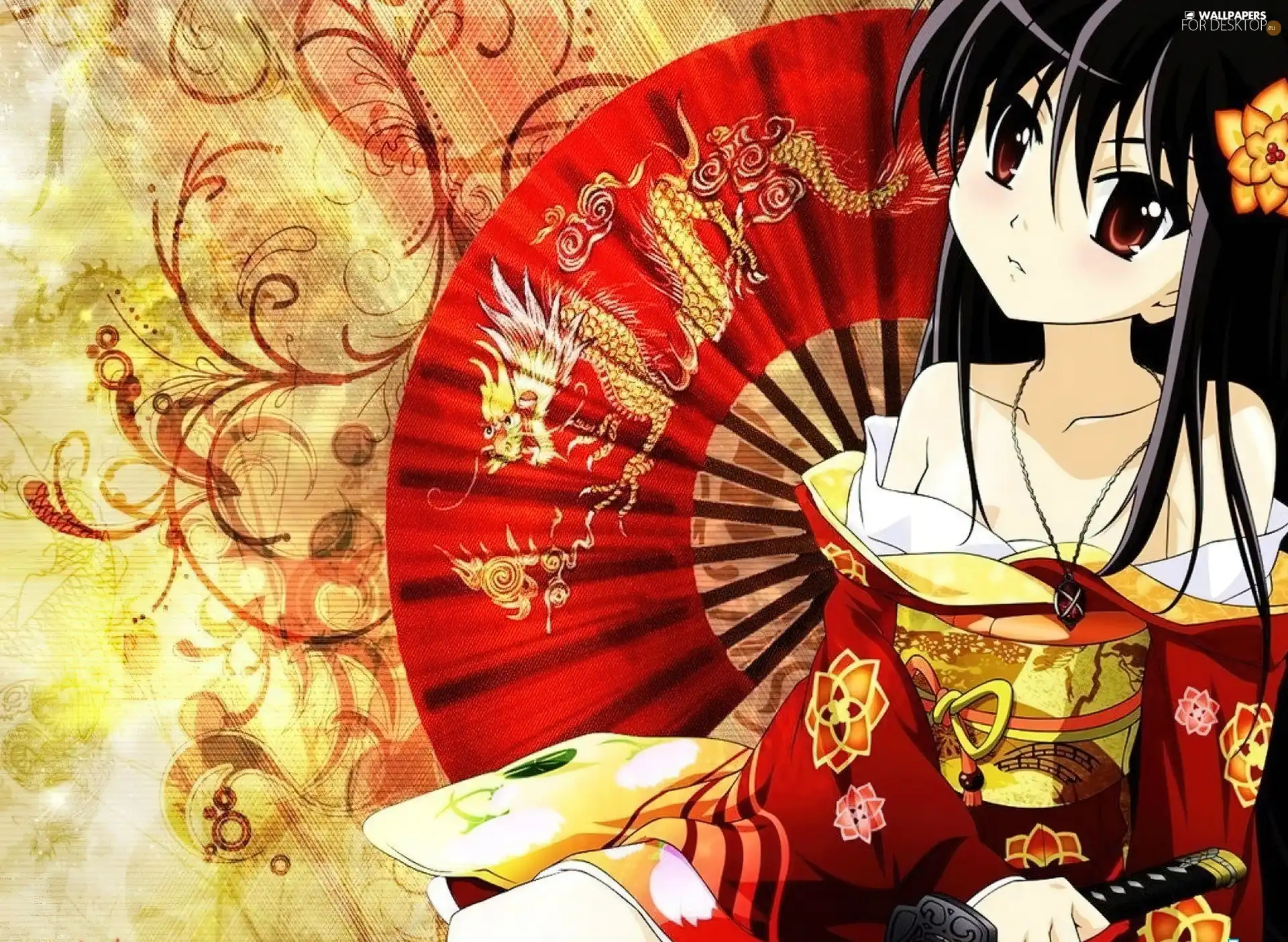 kimono, girl, Fan