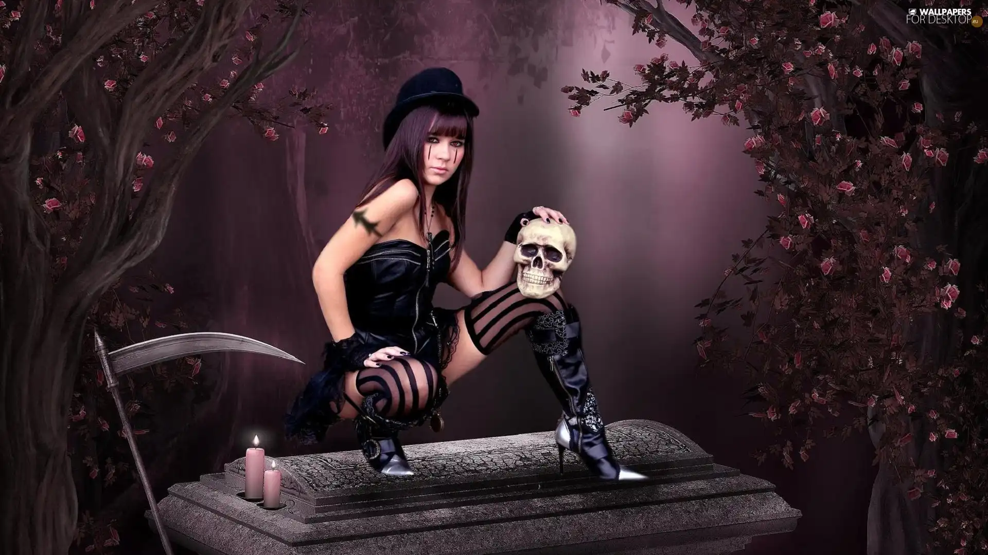 knife, girl, skull