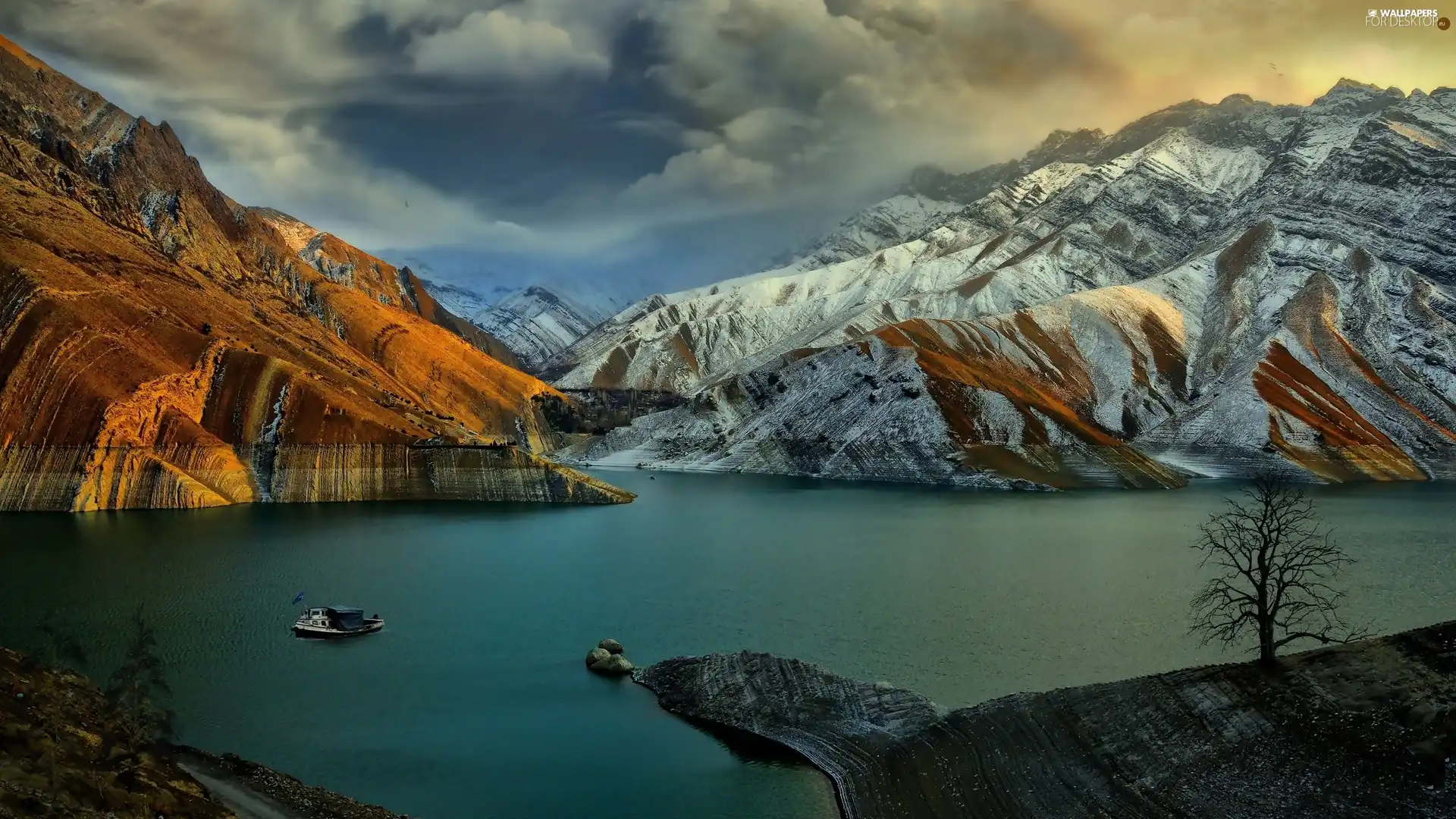 lake, rocks, clouds