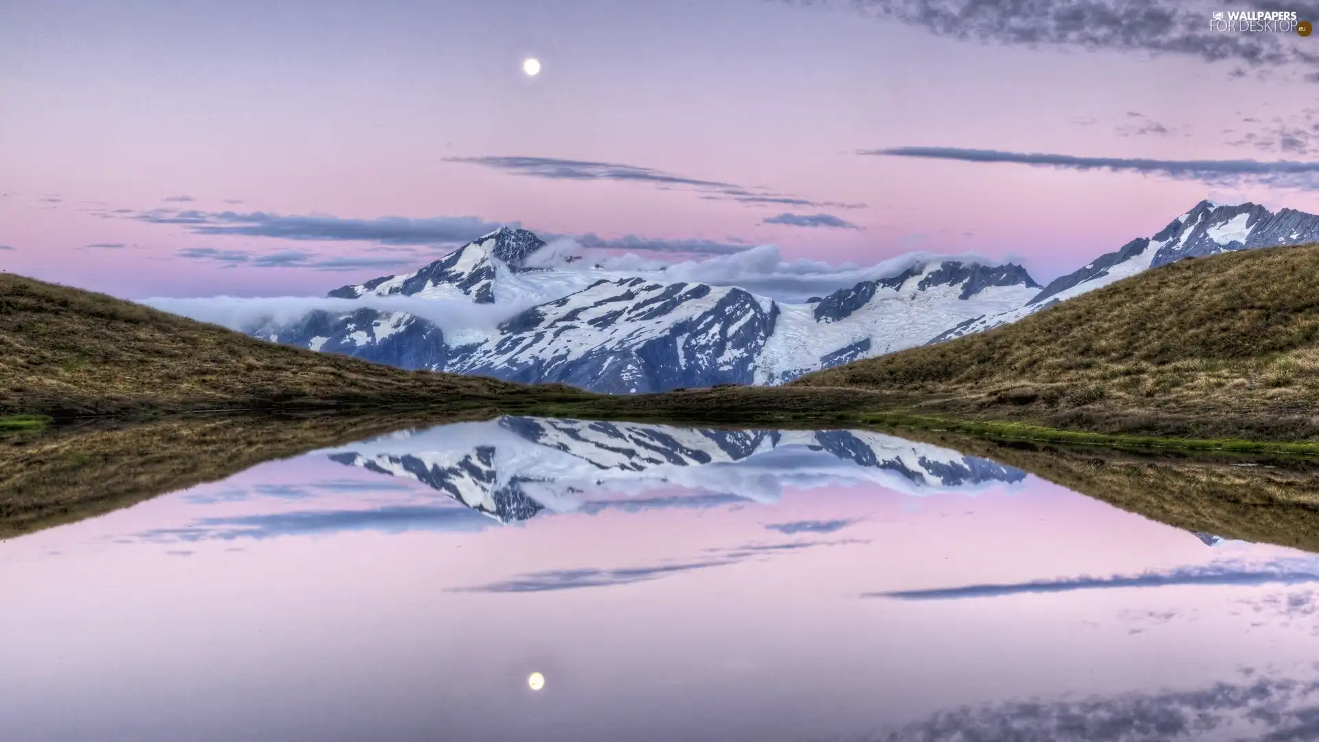 lake, grass, height, snow, Mountains