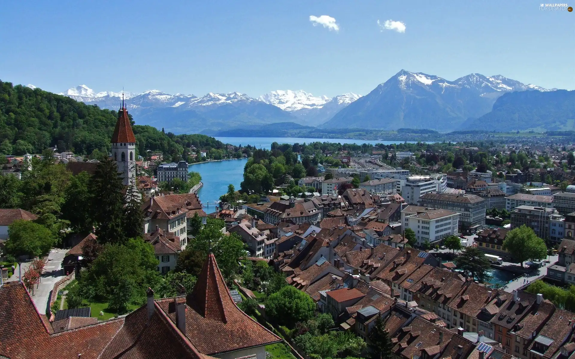 lake, Mountains, town, River, panorama