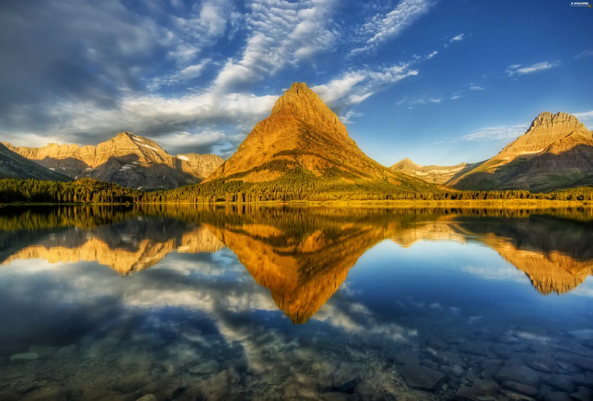 Mountains, reflection, lake, clouds