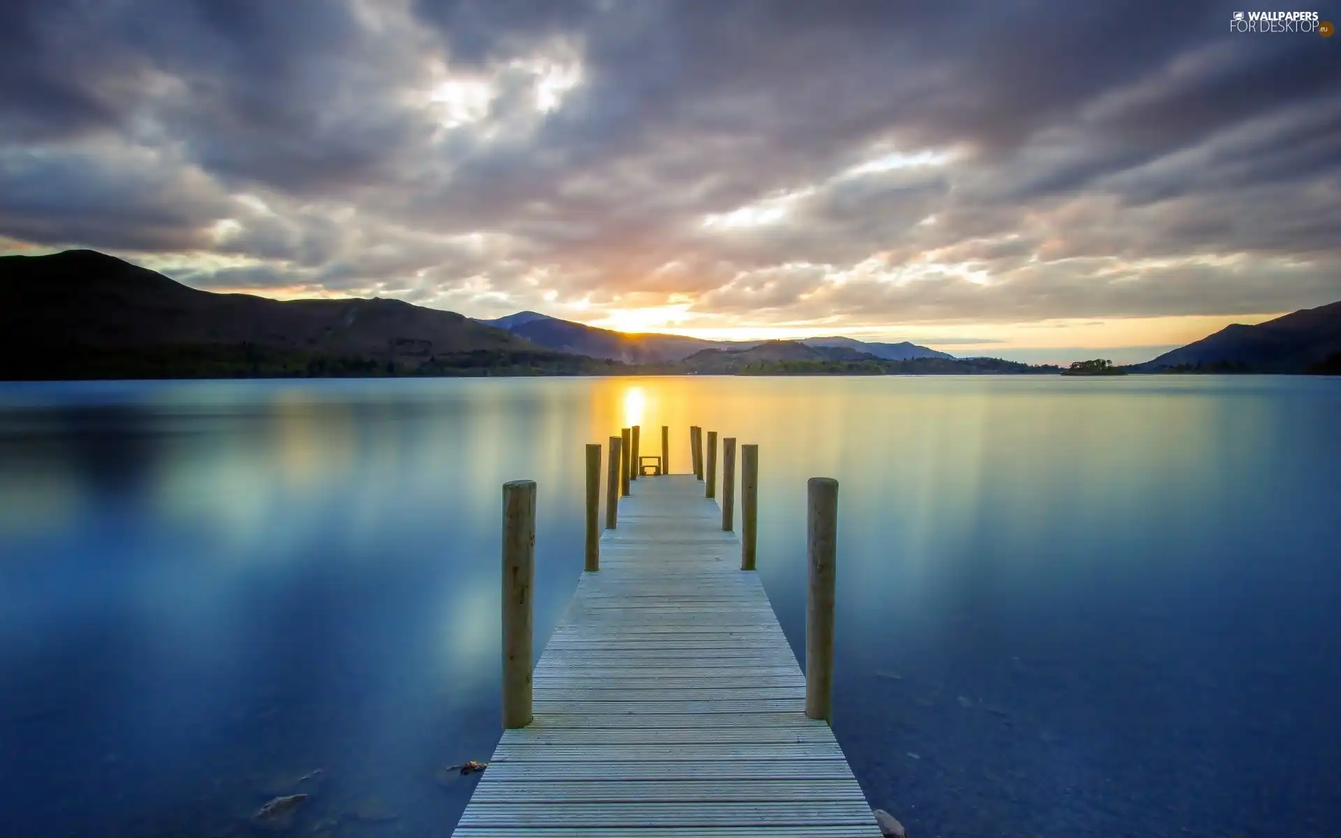 Mountains, sun, lake, Platform