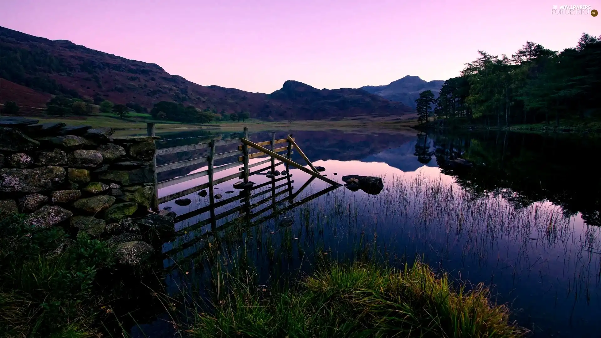 lake, reflection, west, sun, Mountains