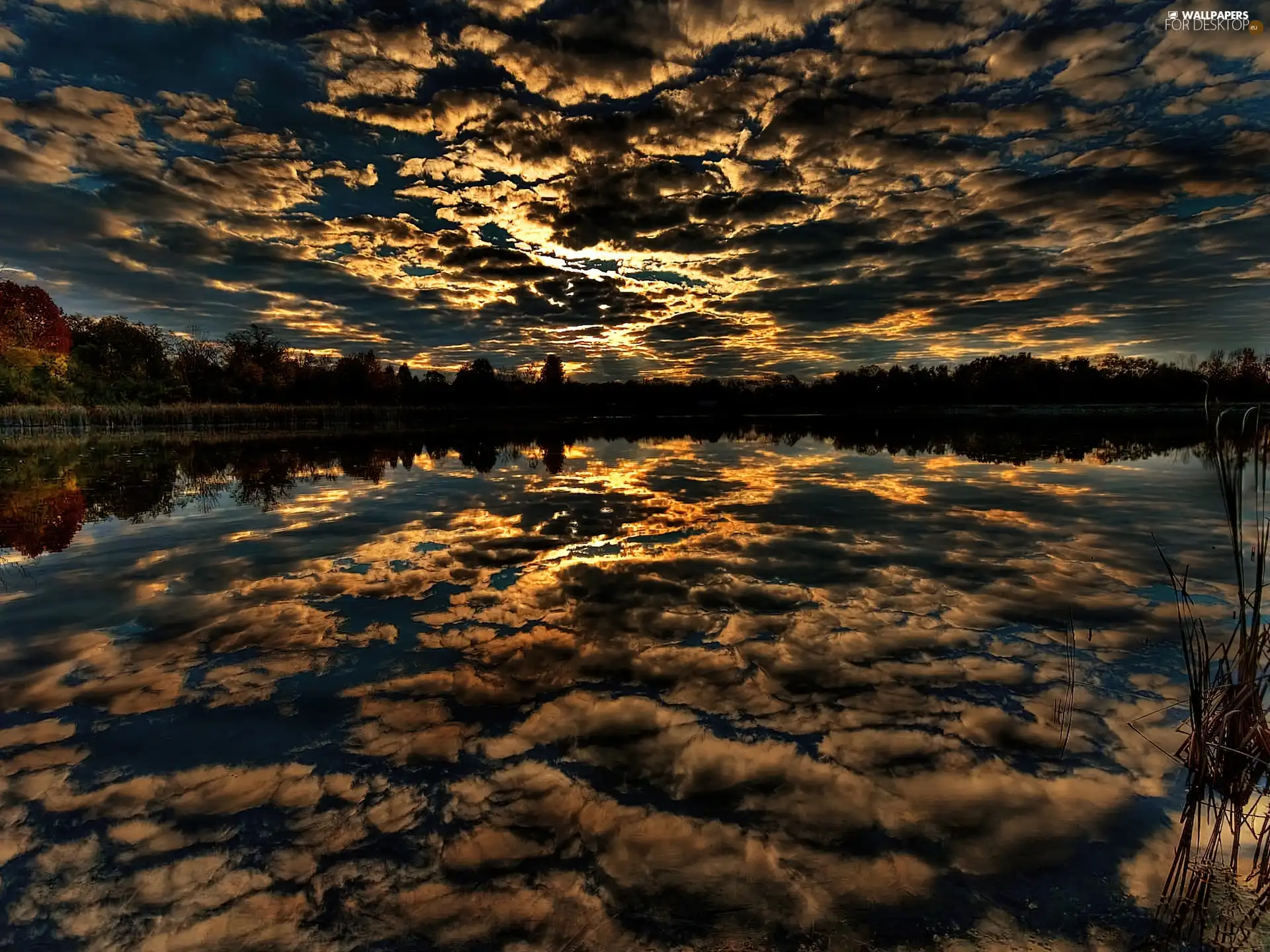 lake, reflection, sun, clouds, west