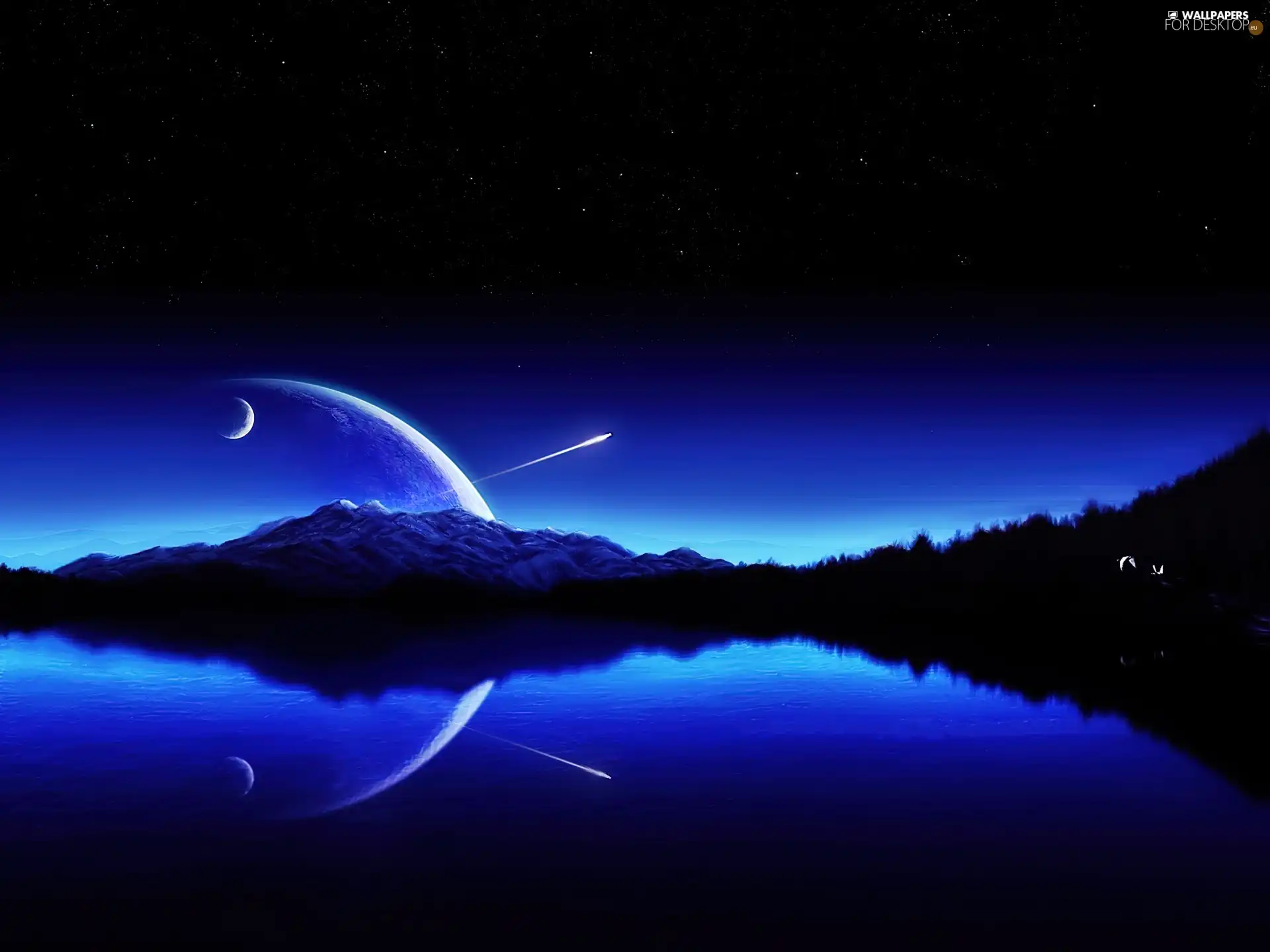 Sky, moon, lake, night