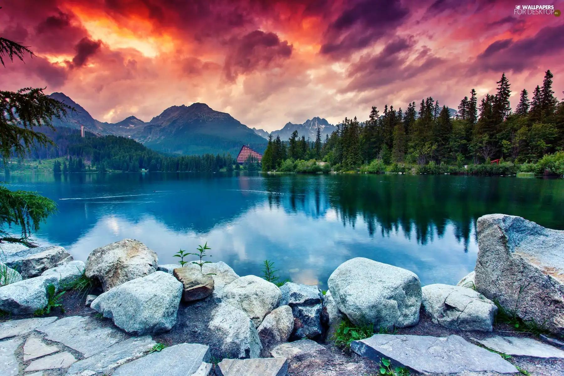 lake, Stones, Mountains, woods, clouds