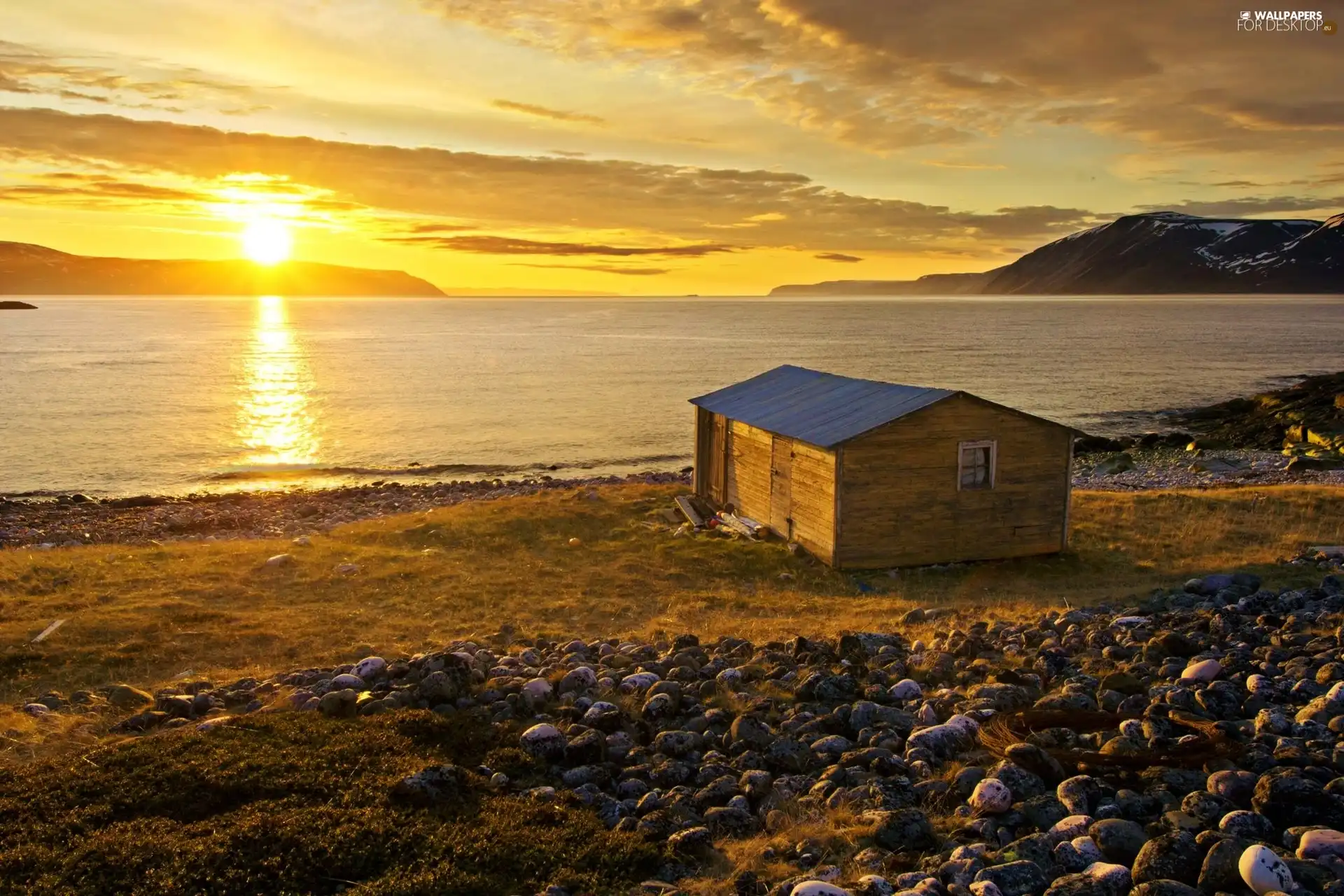 lake, Stones, sun, cottage, west