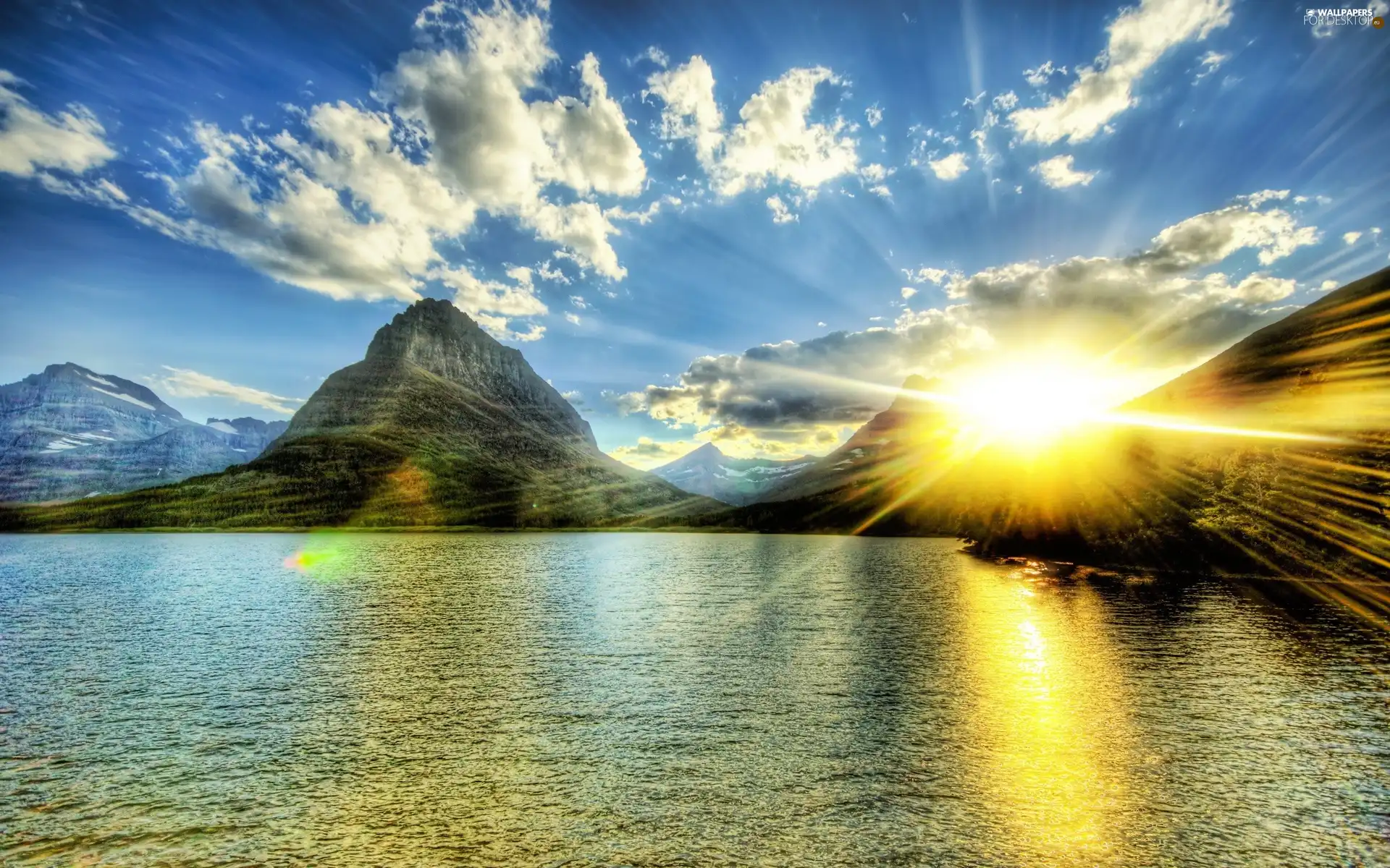 rays of the Sun, Mountains, lake