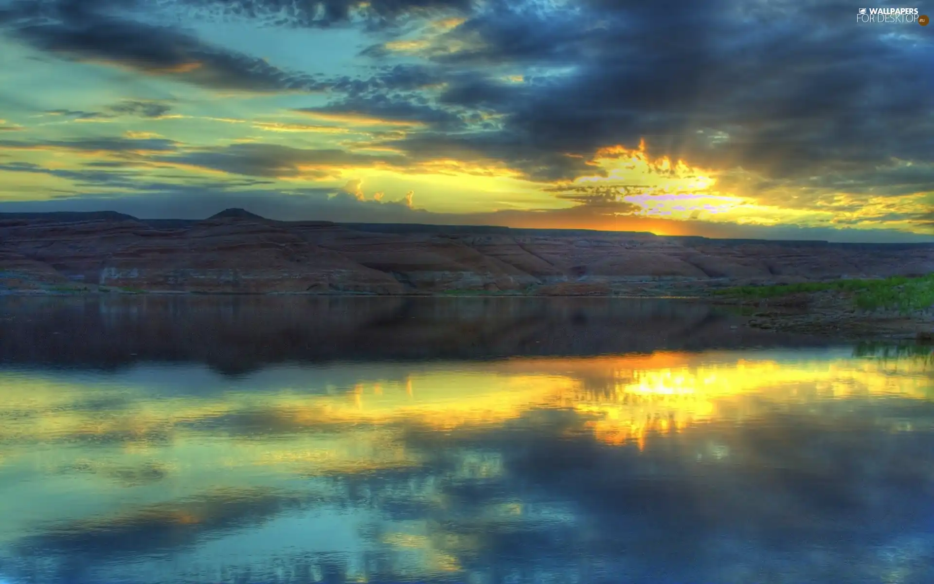 sun, rays, lake, west