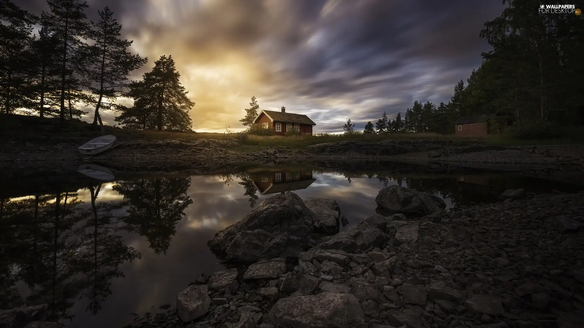 Ringerike, Norway, Vaeleren Lake, Stones, viewes, twilight, Boat, trees, house