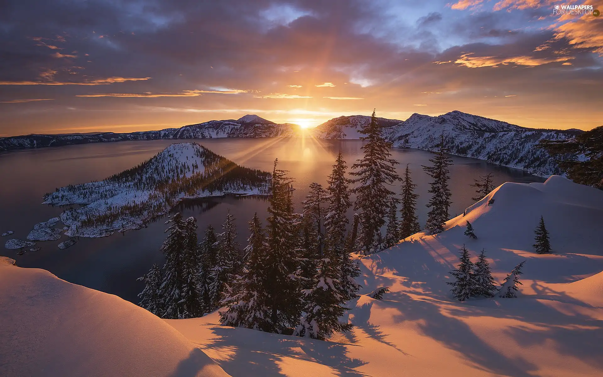 lake, winter, viewes, Great Sunsets, trees, Mountains
