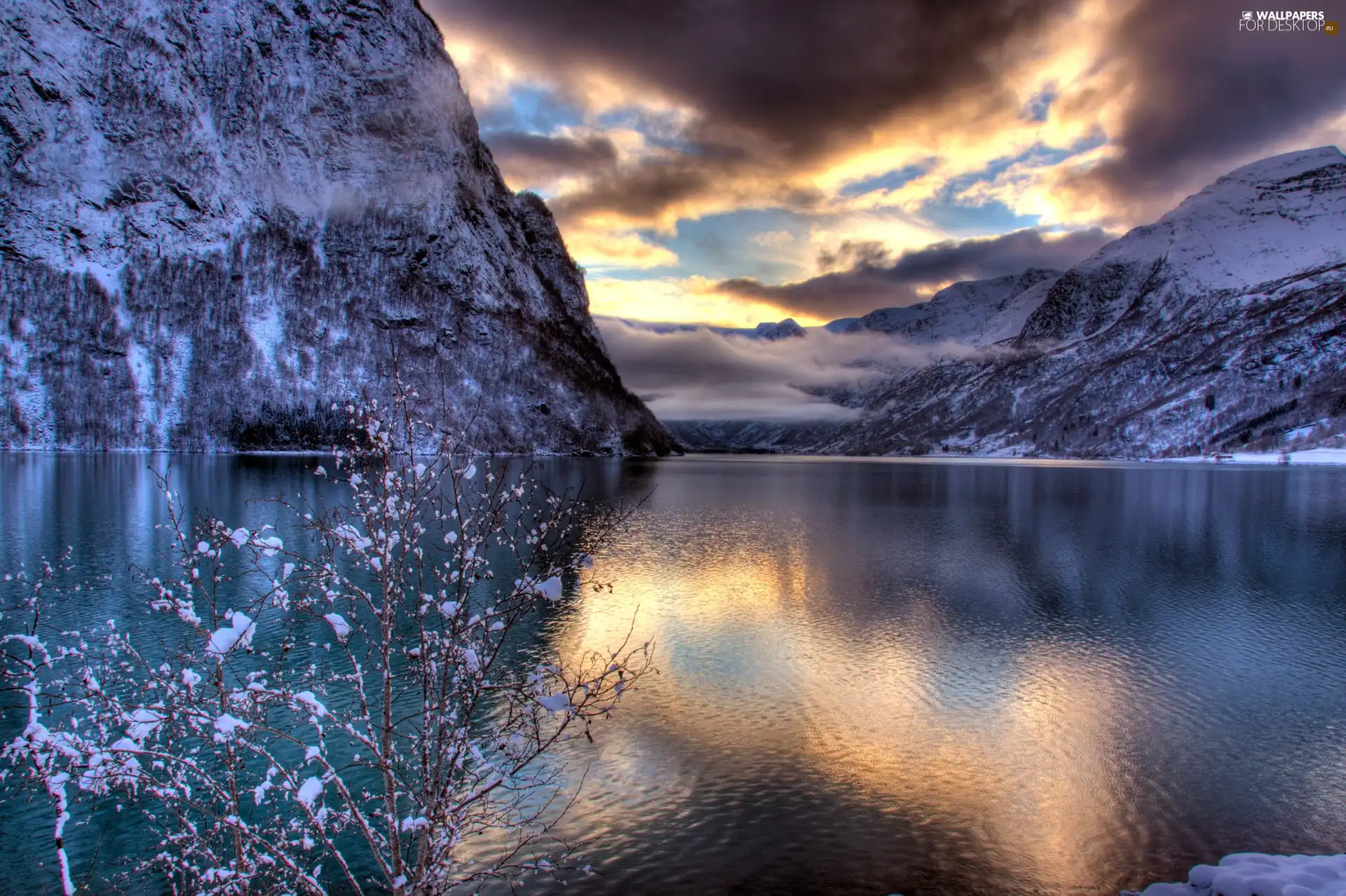 west, Mountains, lake, sun