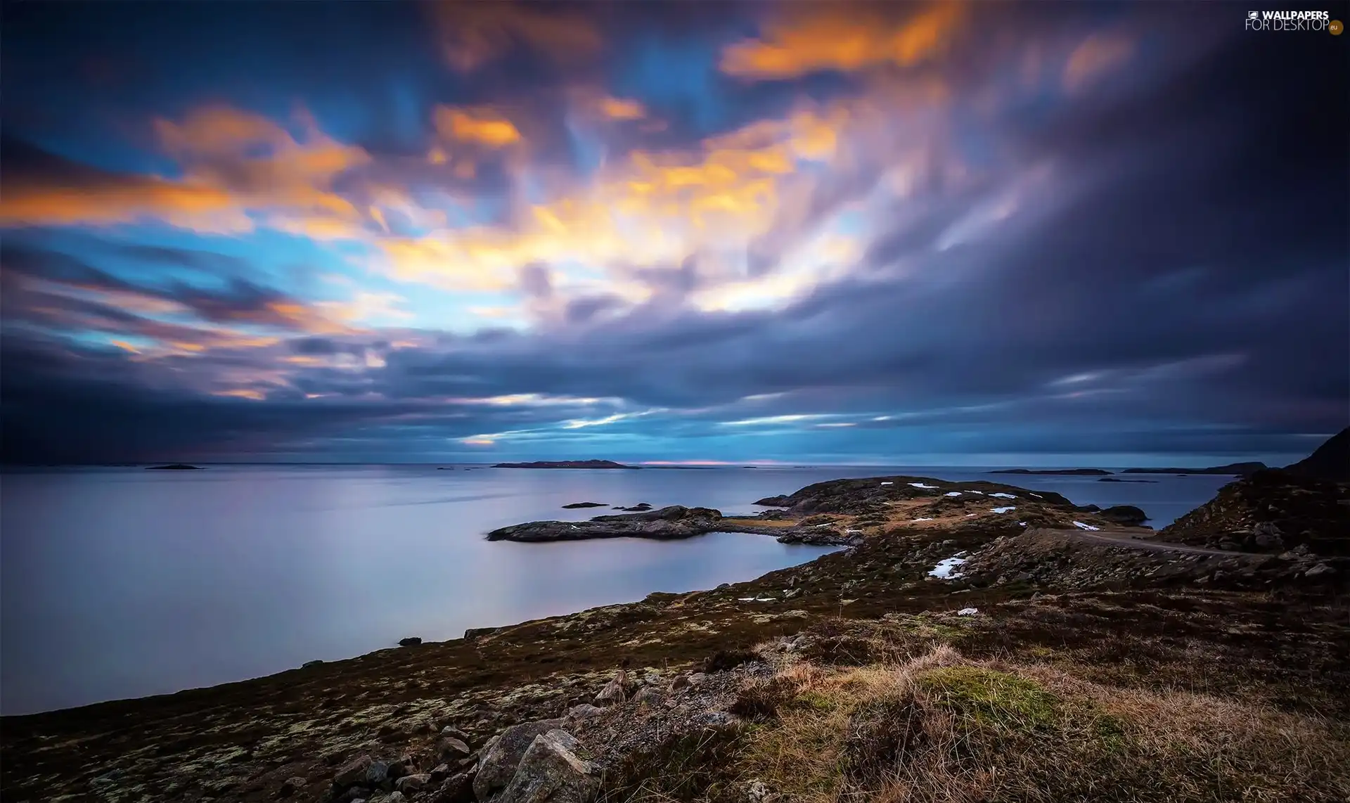 lakes, Sky, sun, coast, west