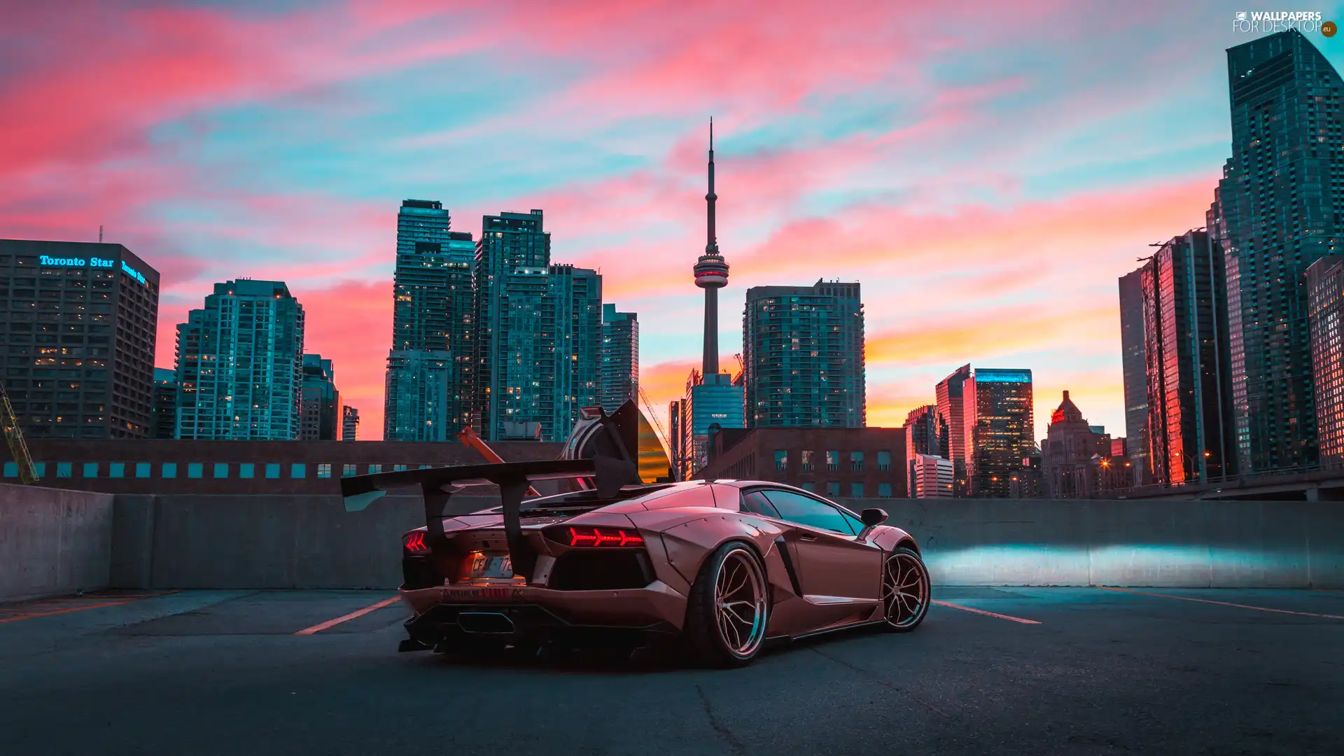 Lamborghini Aventador, skyscrapers