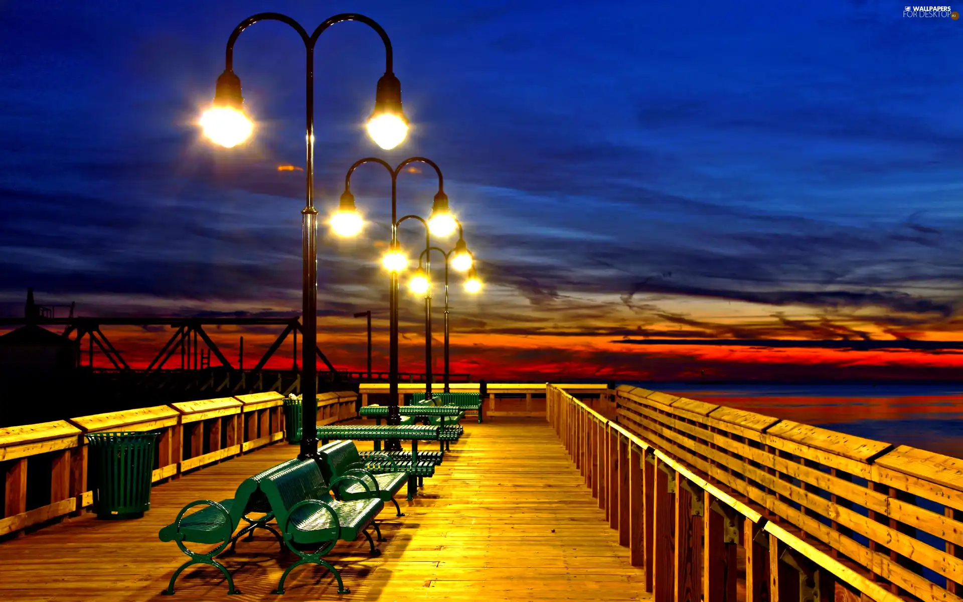 pier, illuminated, Lamps, bench