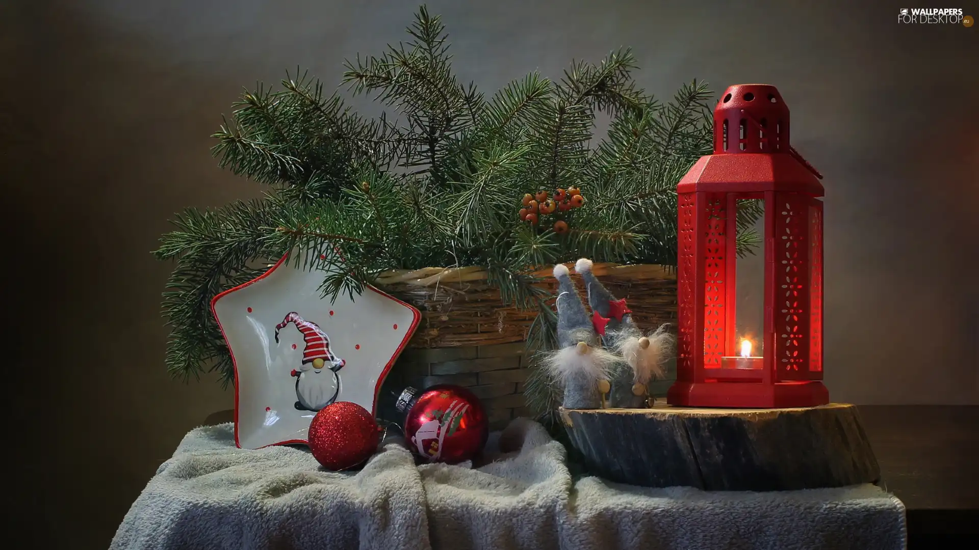 baubles, Christmas, Twigs, lantern, composition, basket, dwarfs