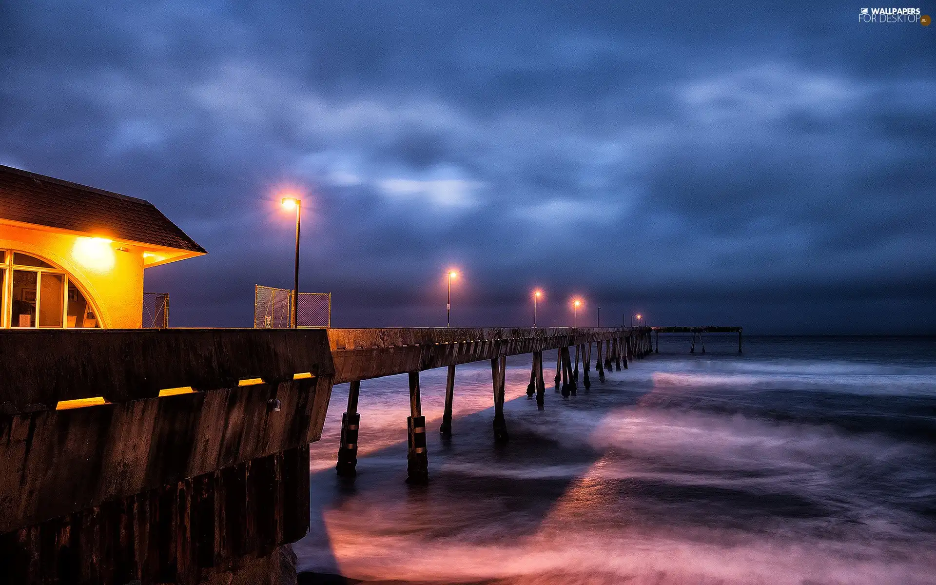 pier, Night, lanterns, sea