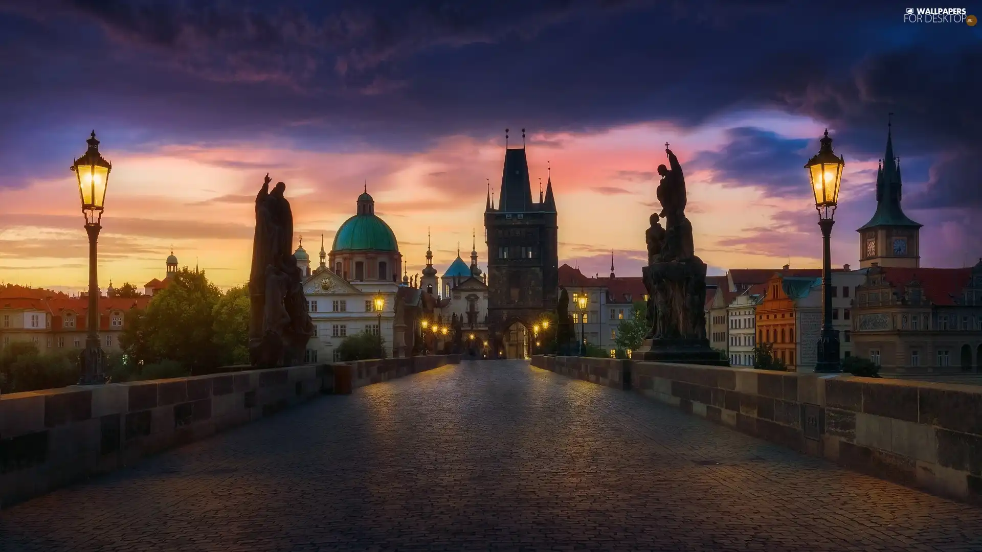 lanterns, Prague, buildings, Charles Bridge, Czech Republic, figure, Sunrise
