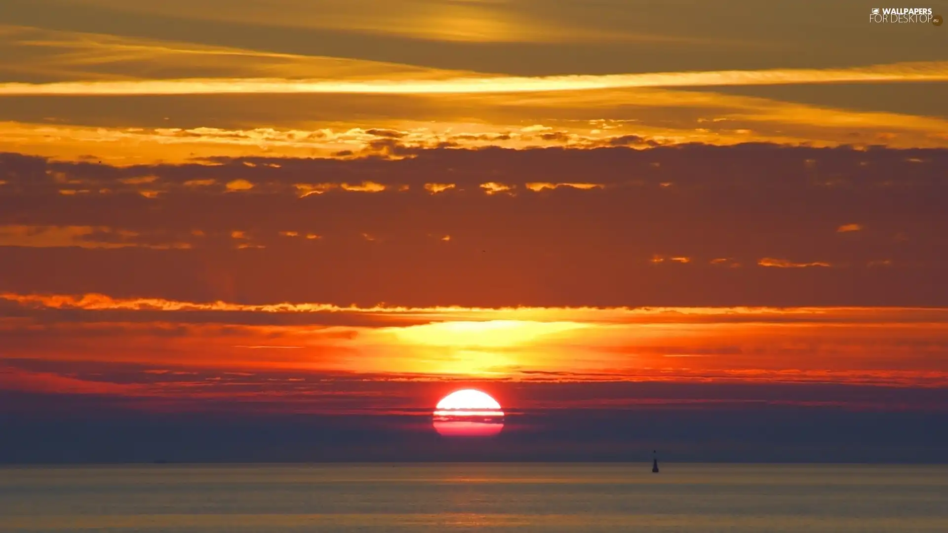 layers, clouds, sun, sea, The setting