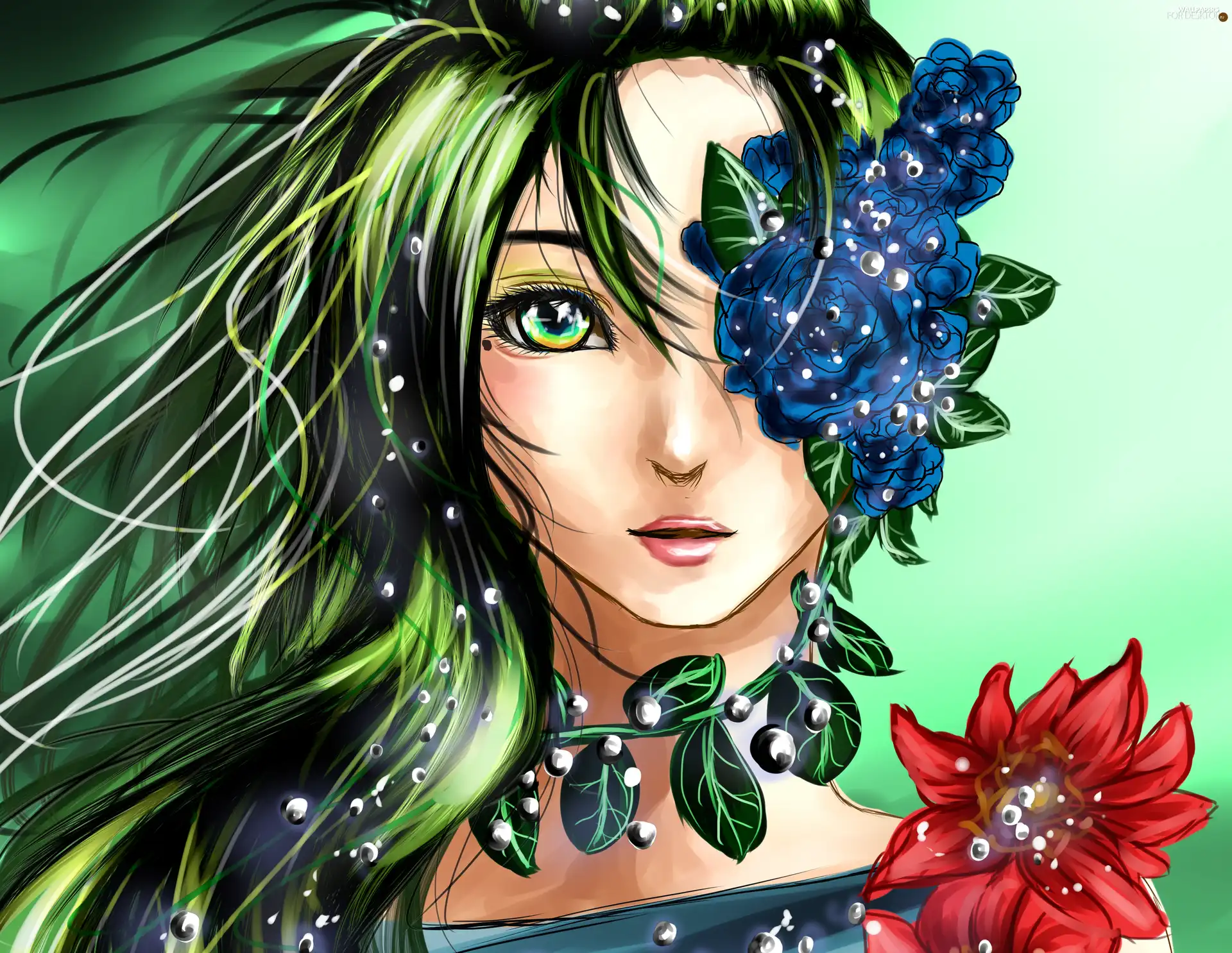 Green-, Flowers, Leaf, Women