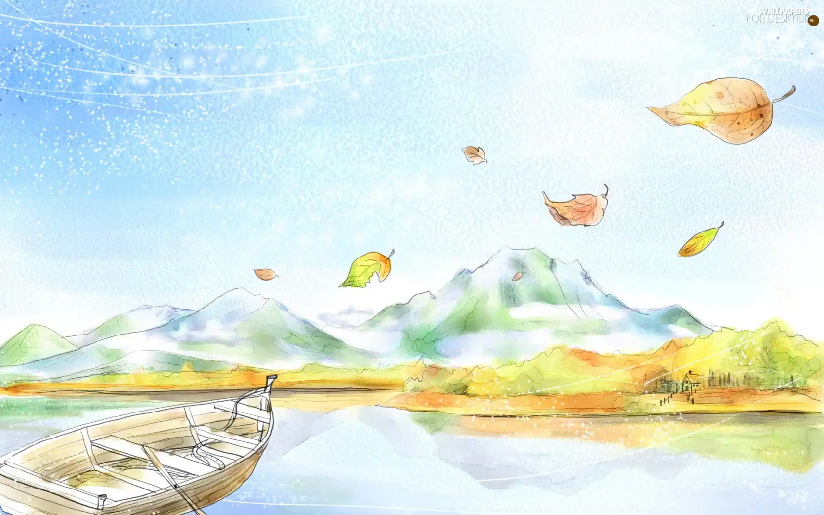 lake, Mountains, Leaf, Boat