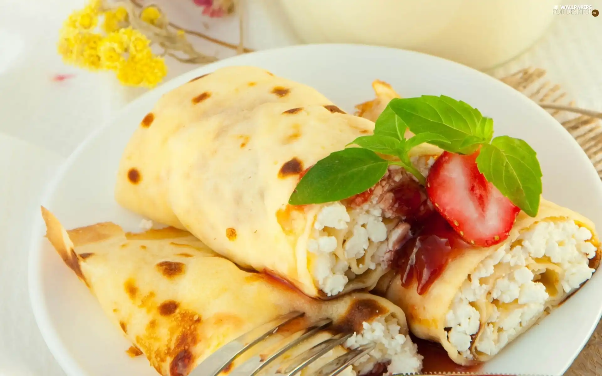 leaves, mint, curd, strawberries, pancakes