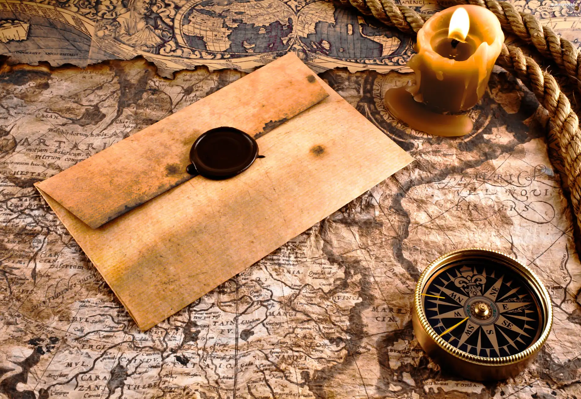 compass, Old, letter, Map, composition, cord, candle