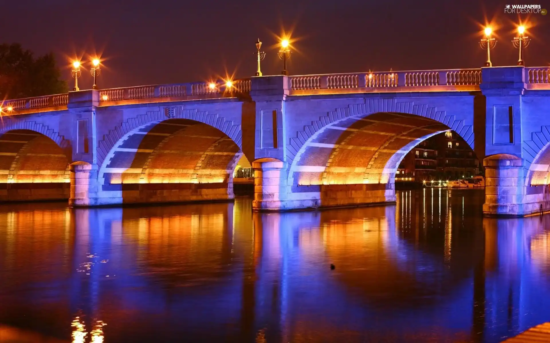 bridge, Night, light, River