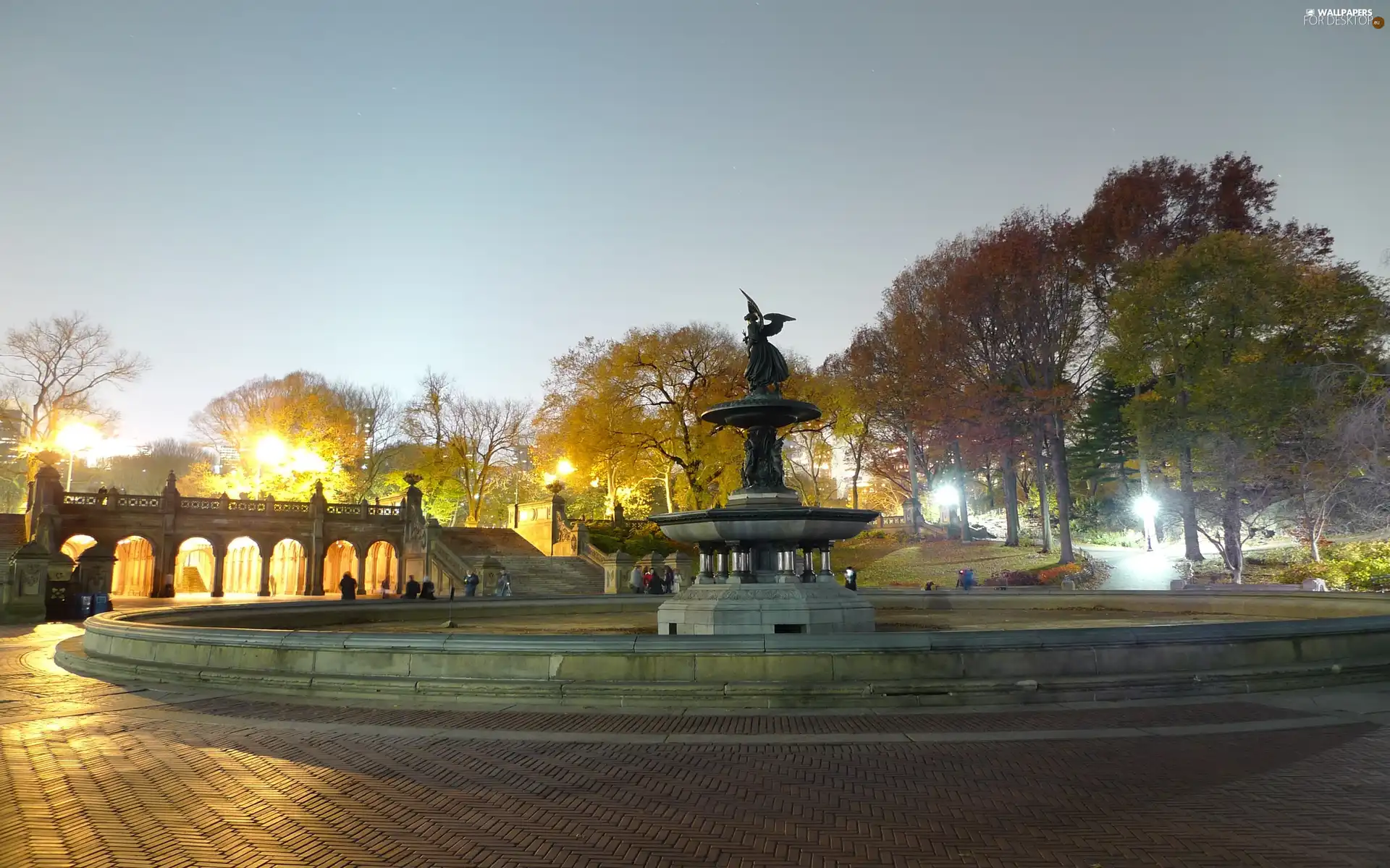 fountain, Night, light, Park