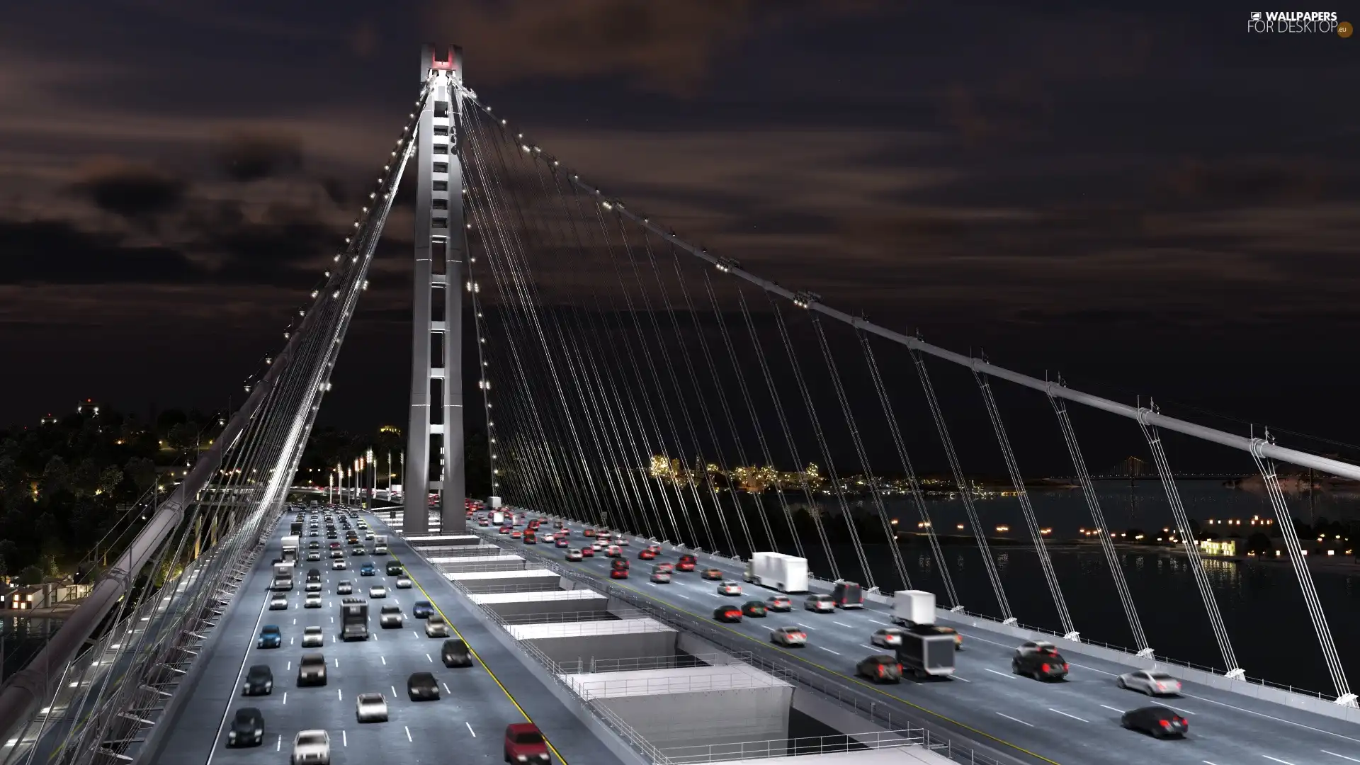 bridge, Night, light, Oakland Bay