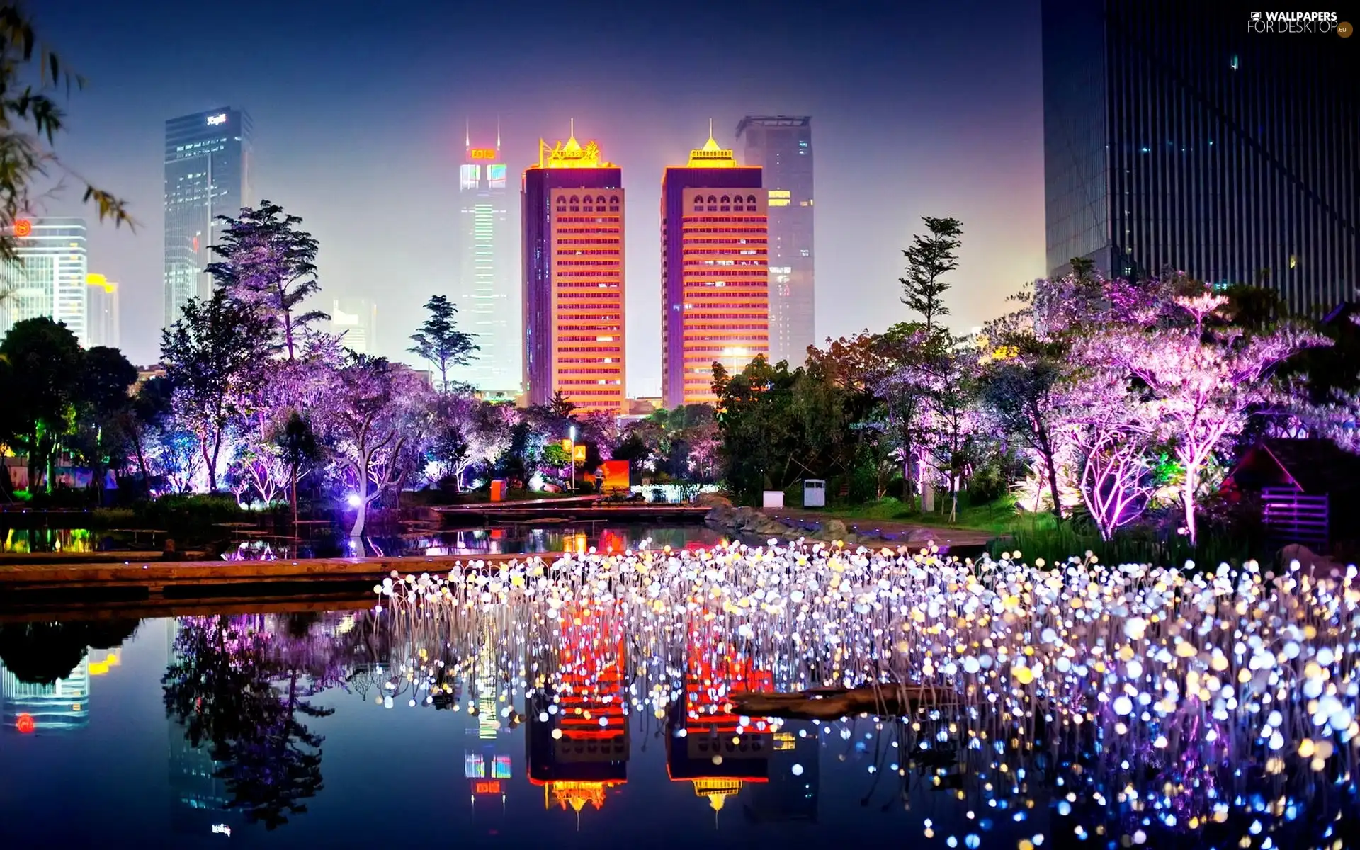 color, skyscrapers, lake, clouds, Town, light, reflection